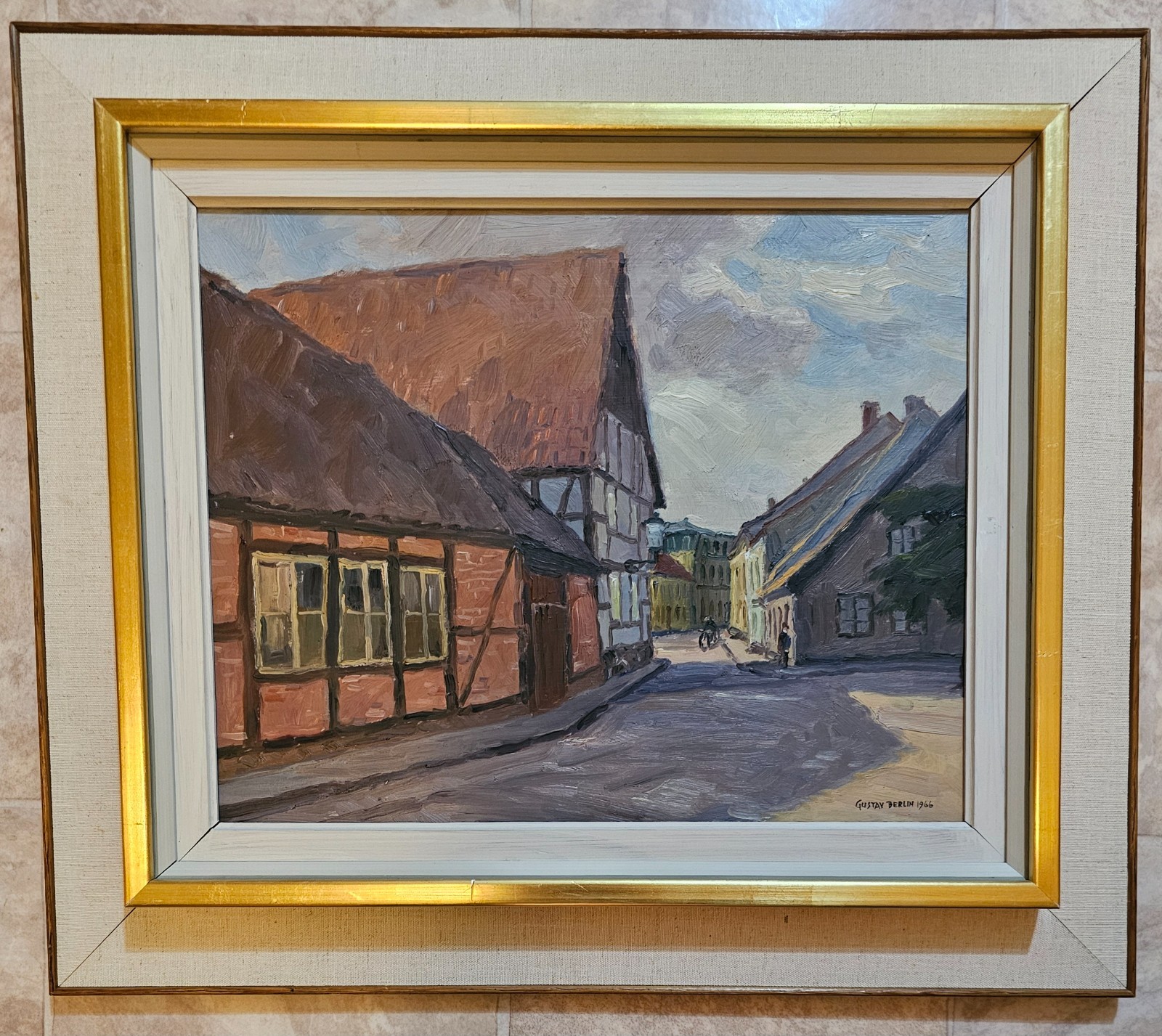 GUSTAV BERLIN (1905-1988) – STREET VIEW YSTAD SWEDEN ORIGINAL OIL PAINTING.