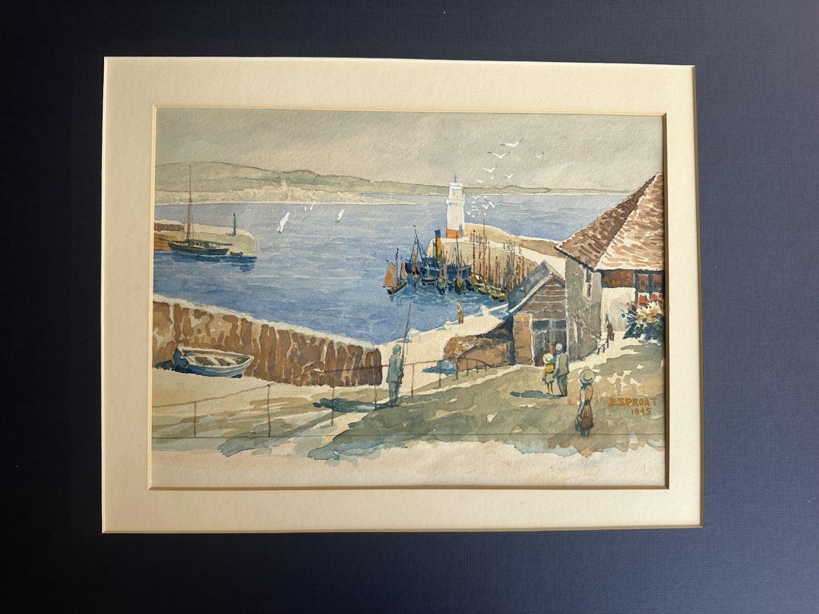 1945 E. Sproat “Penzance from Newlyn Harbour” Watercolor Painting Fishing Boats