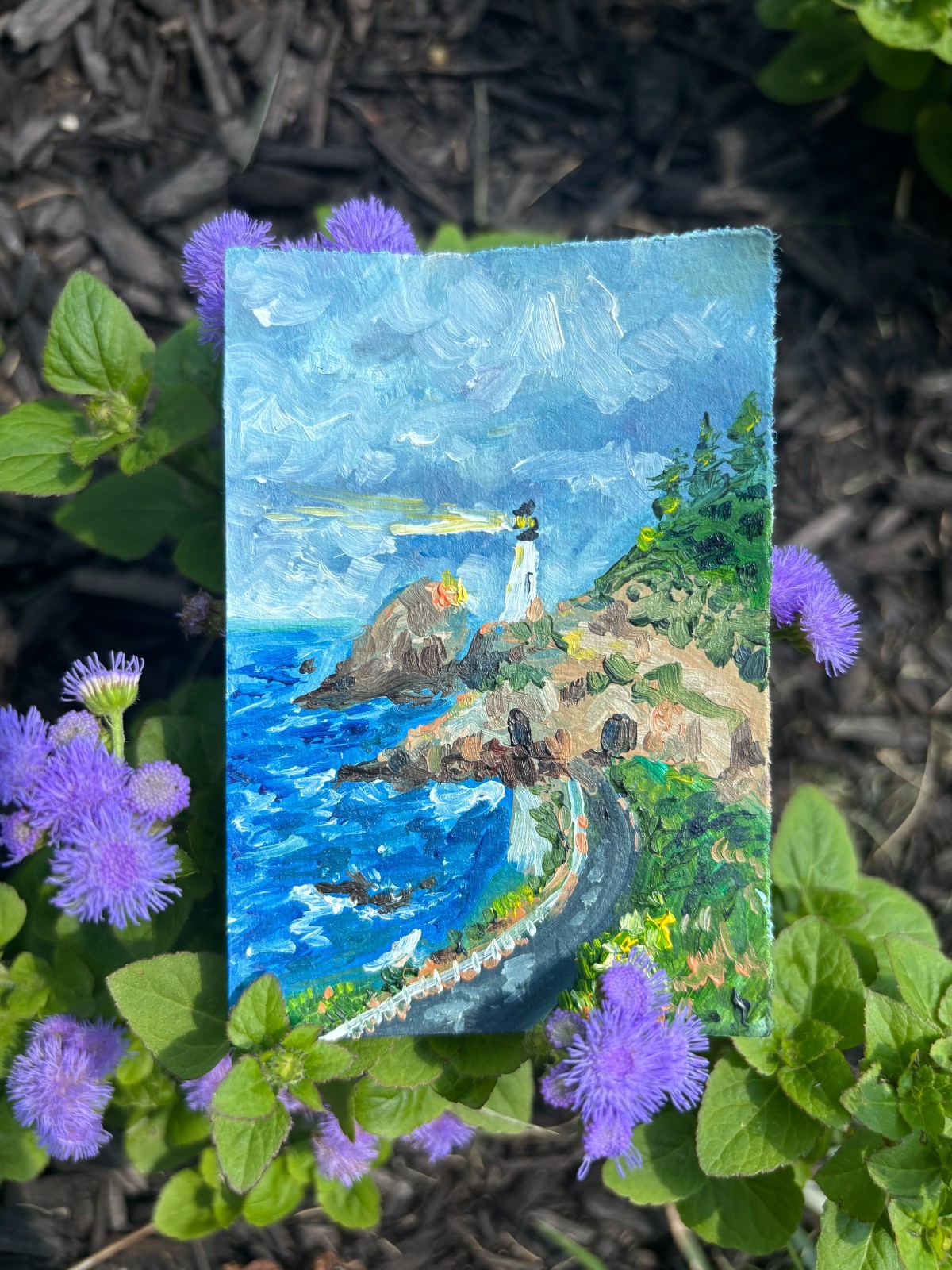 ACEO Original Coastal Lighthouse Landscape 2.5 X 3.5 Oil Painting MeowsoSoup