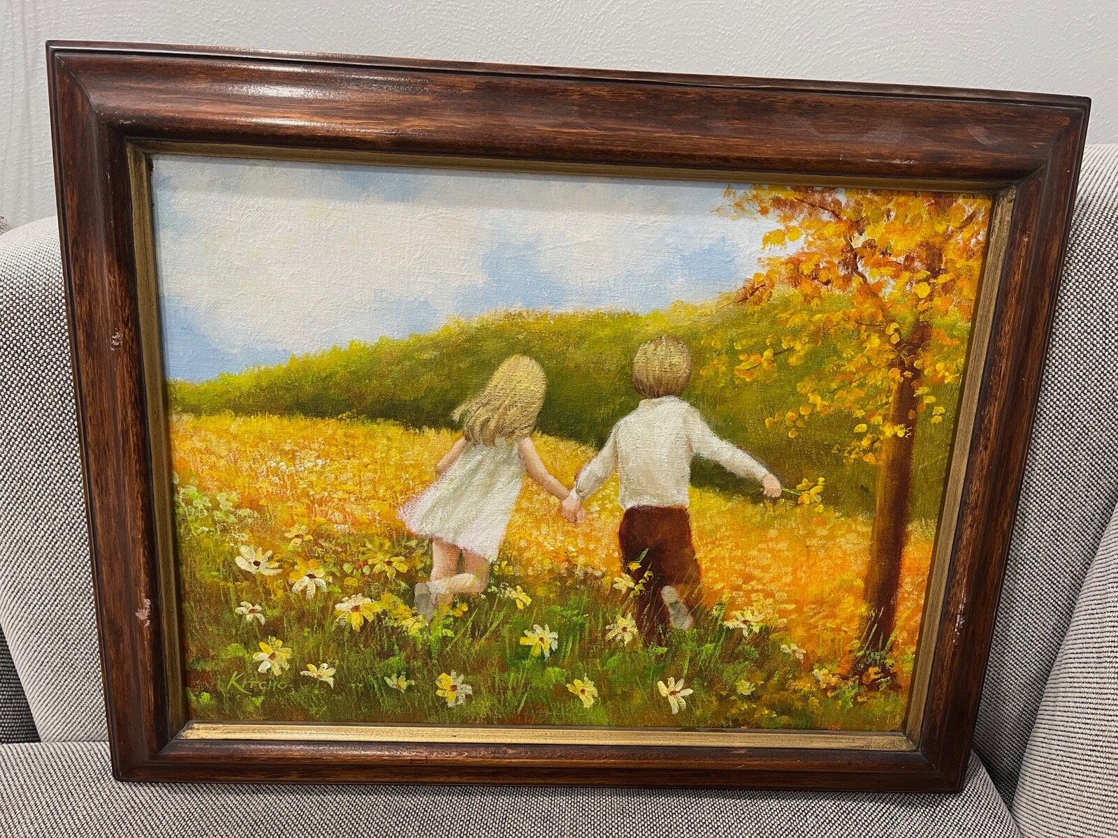 Vintage Signed Kitcho Oil on Canvas Landscape Painting Children in Flower Field