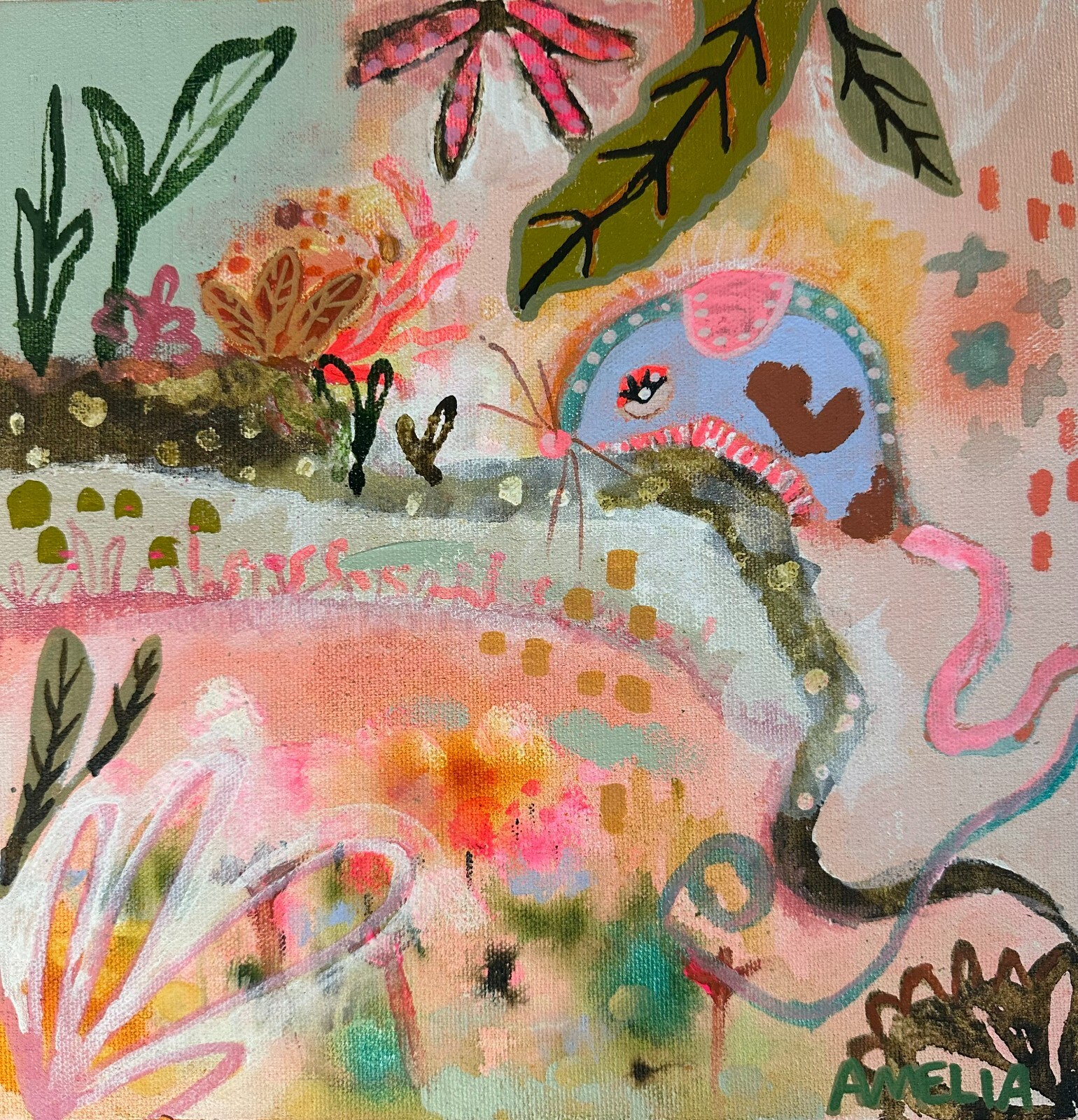 Original Painting Art OOAK “Sparkle the Mouse” Dreamscape Abstract Floral 10×10