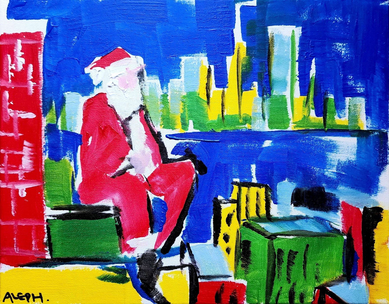 Aleph Original Art 14×11 Abstract Expressionist Santa Painting on Canvas