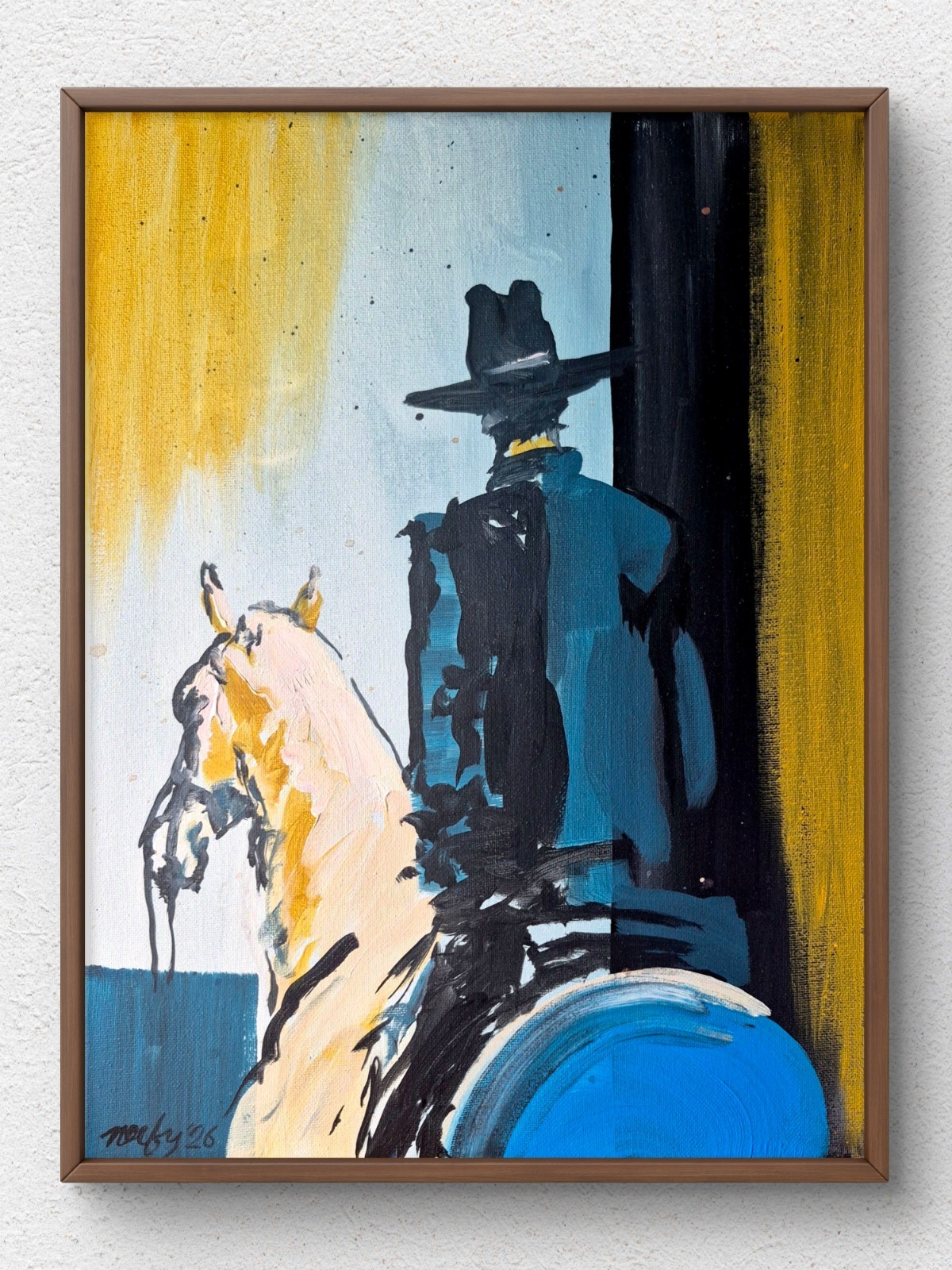 Abstract Original Blue Cowboy Horse Living Room Decor 12×16 Canvas Acrylic B028