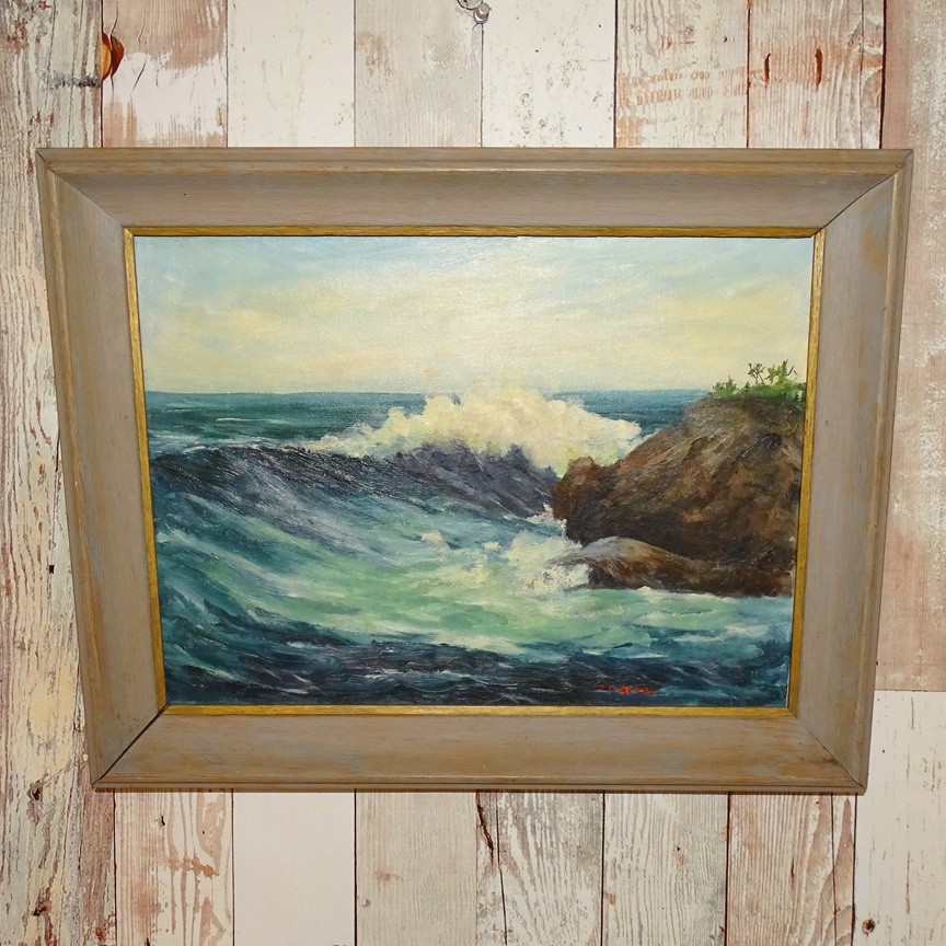 Vintage Original Seascape Coastal Oil Painting Ocean Wave Cresting Signed 19×15