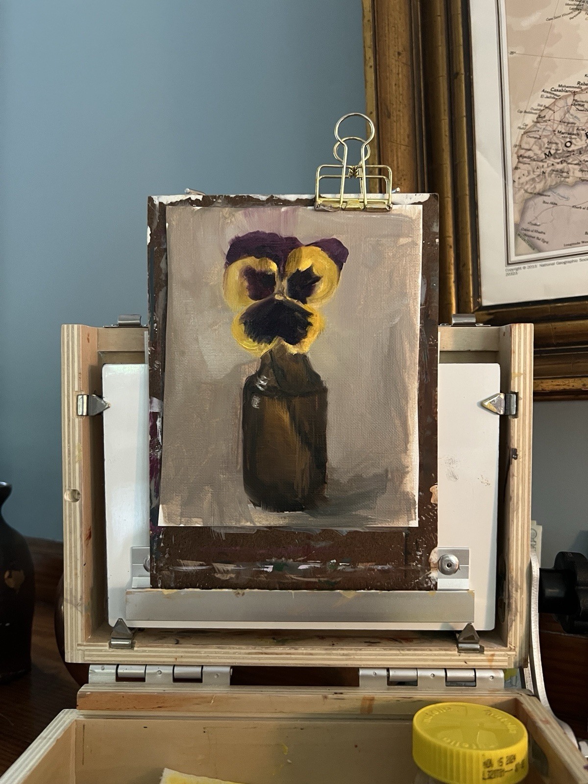 Yellow Pansy In Amber Glass, Original Oil Painting On Paper