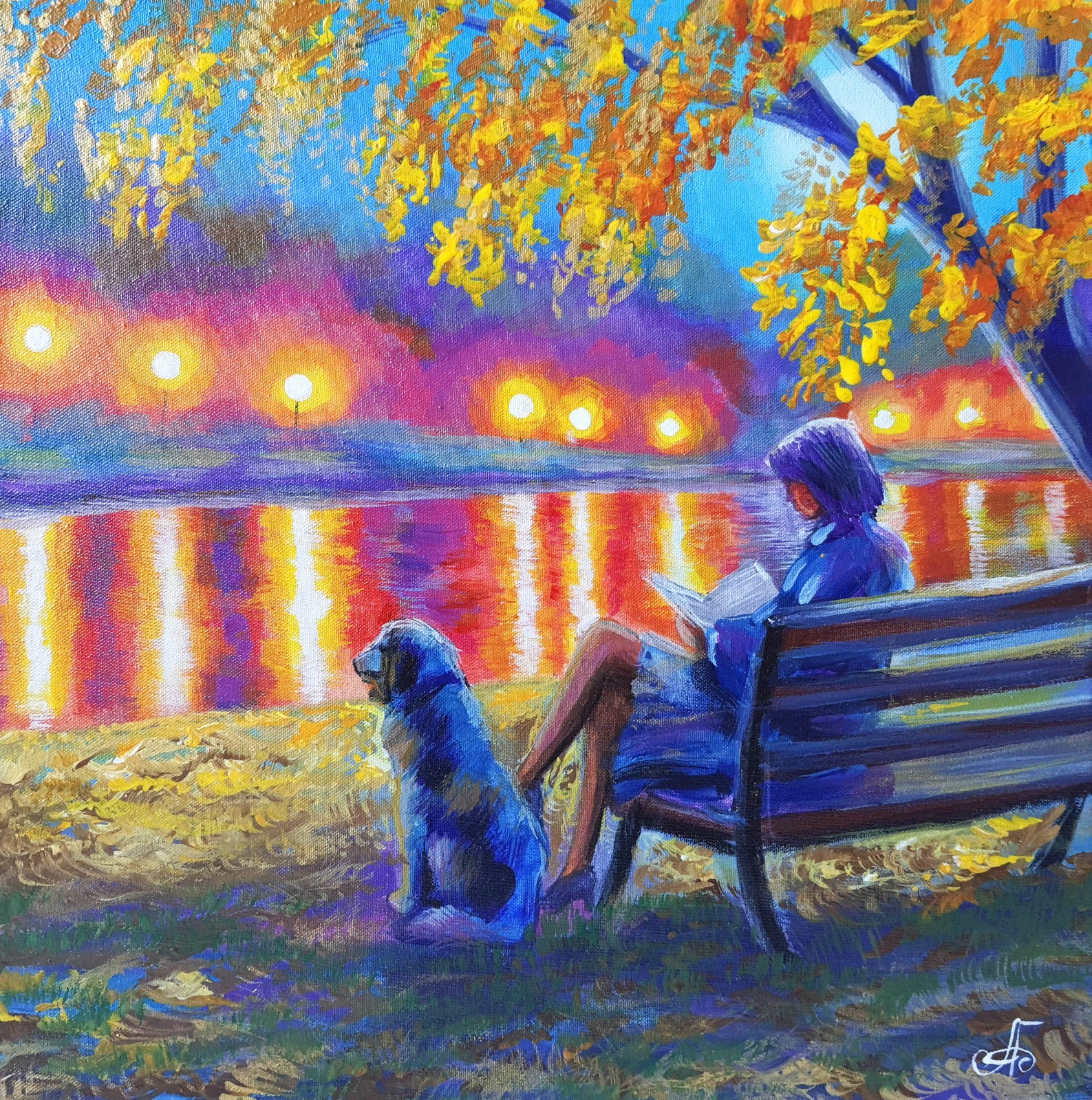 Original Acrylic Landscape Painting Lake Impressionist Woman Dog Wall Art Decor