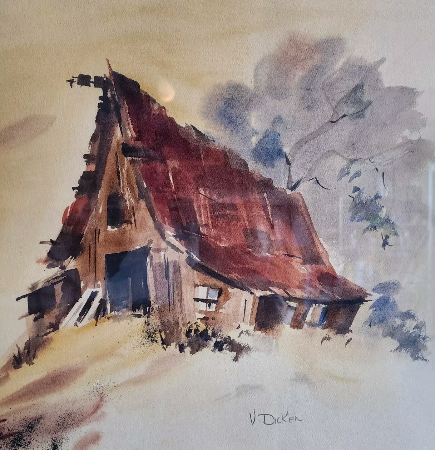 Vintage Original Barn Watercolor Painting Virginia Dicken Signed Impressionist