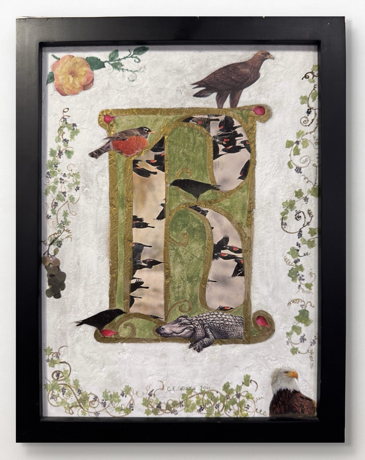 Mixed Media Collage “R” Watercolour Acrylic on Plasterboard，Signed