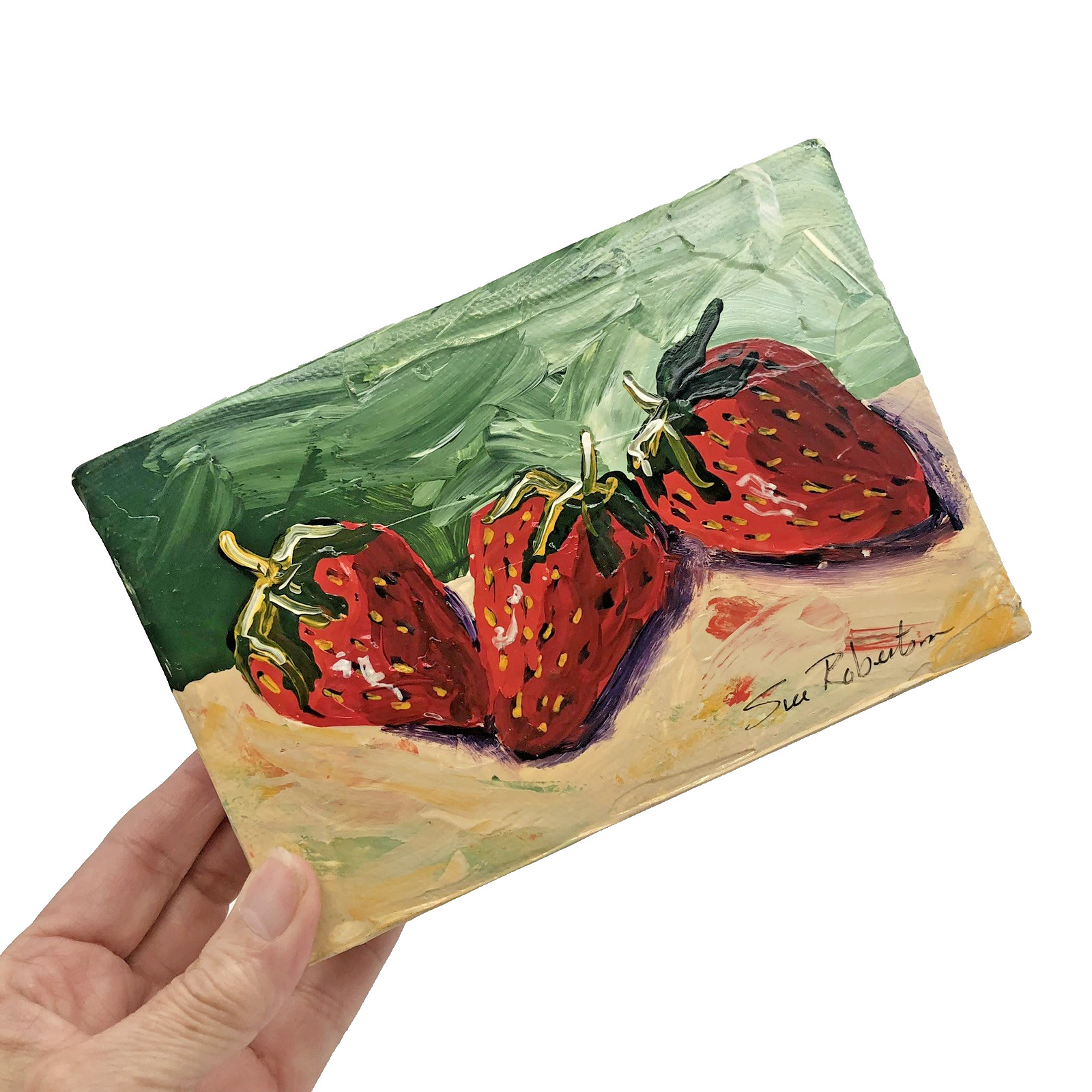 Strawberries Original Sue Robertson Canvas Still Life Acrylic Painting 6″x4″