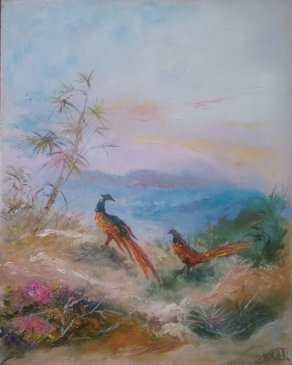 Painting “Pheasants”. Oil on cardboard. 8×10 inc. Handmade. 2025. Unframed.