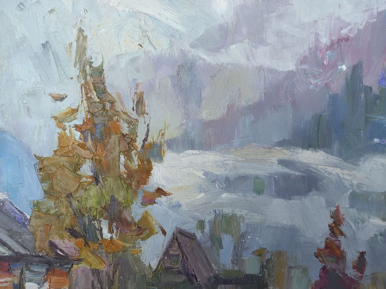 Oil painting Foggy morning Landscape Ukrainian painter Canvas original decor