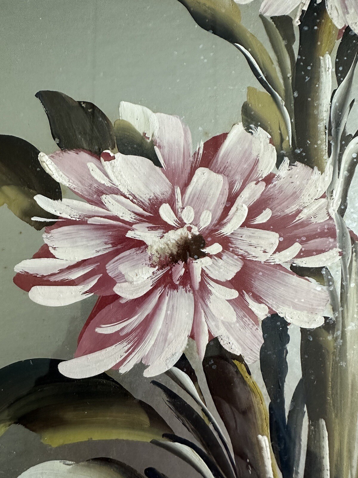 Antique Vintage Oil on Silver Board Floral Painting in Original Frame Airbrush