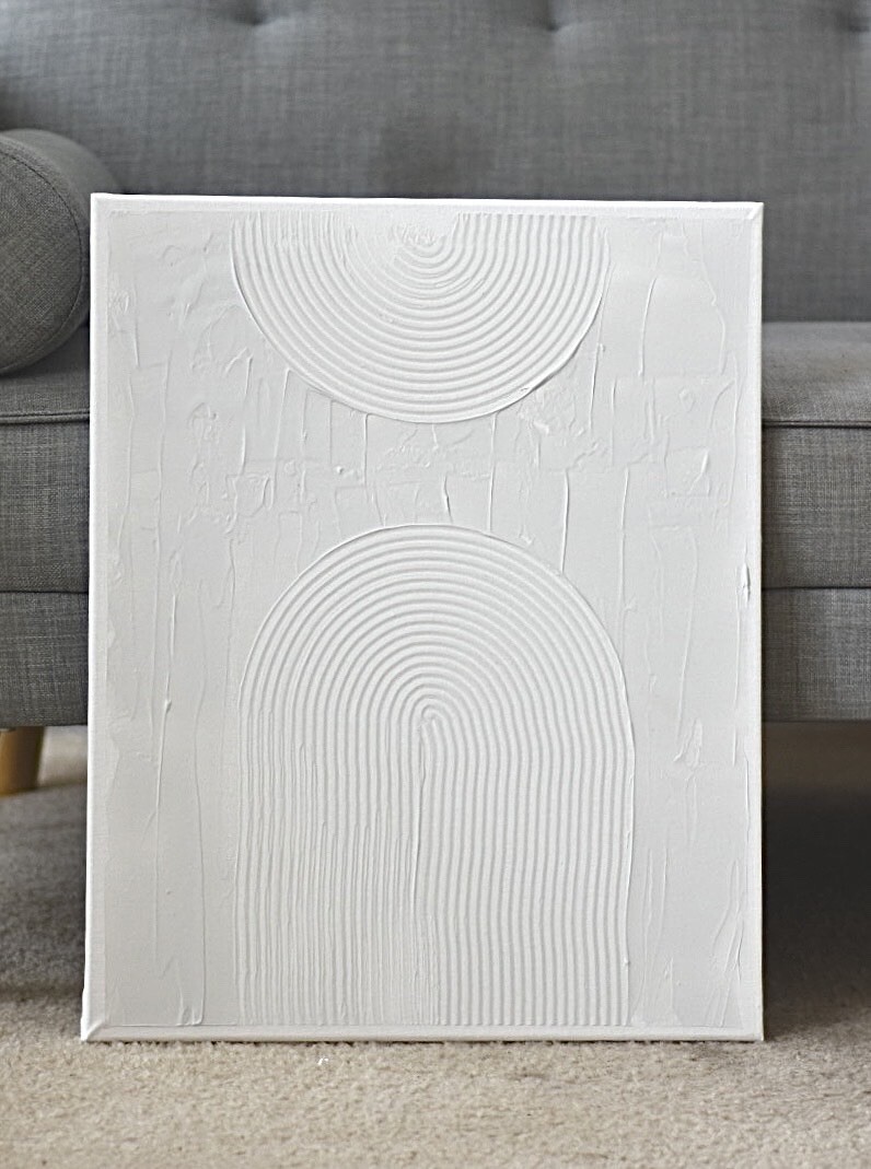Minimalist Abstract Textured Painting on Canvas, Balanced Arc, All White 16″x20”