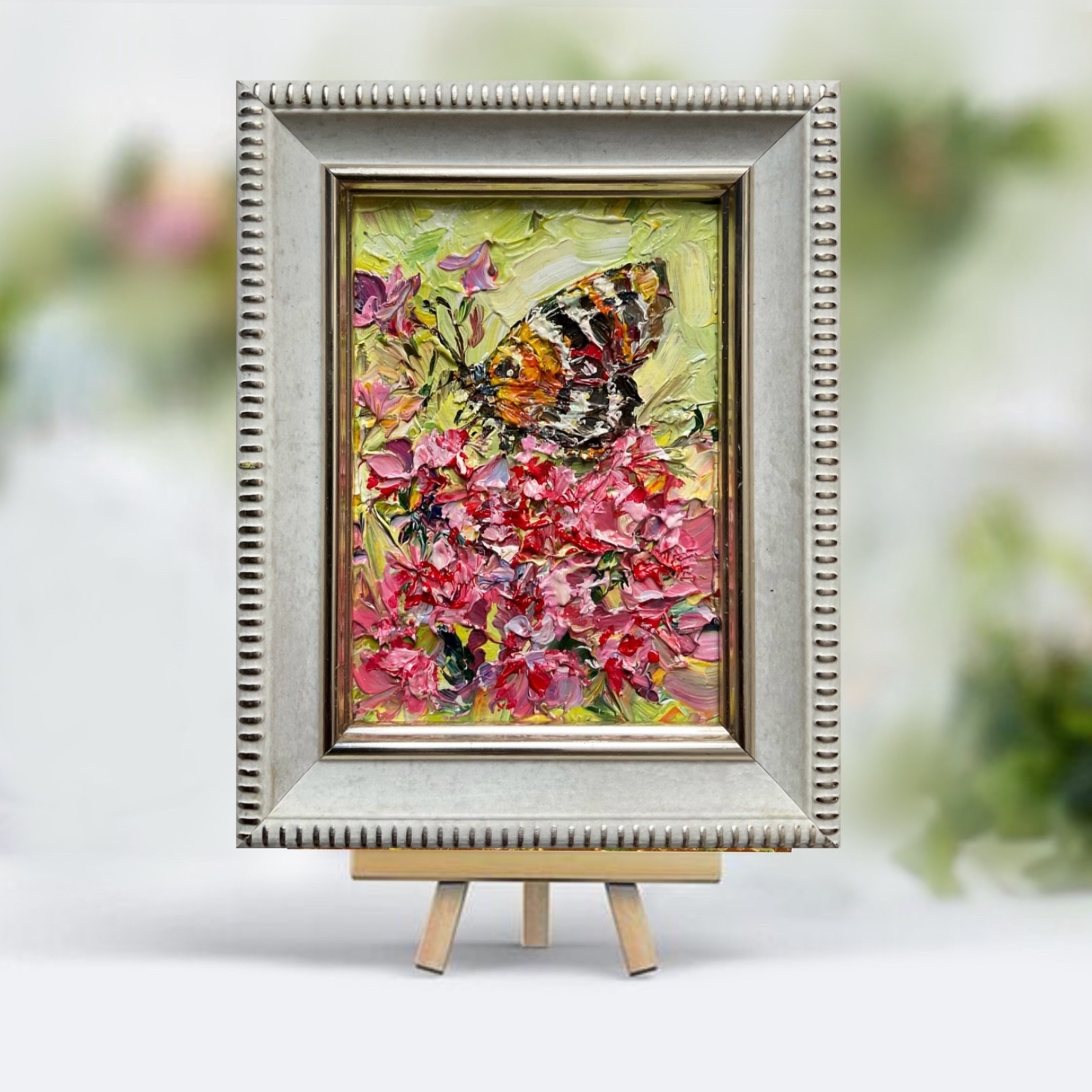 Wildflower Butterfly Original Oil Painting Impasto Collectable Mini Art 3×2.5in