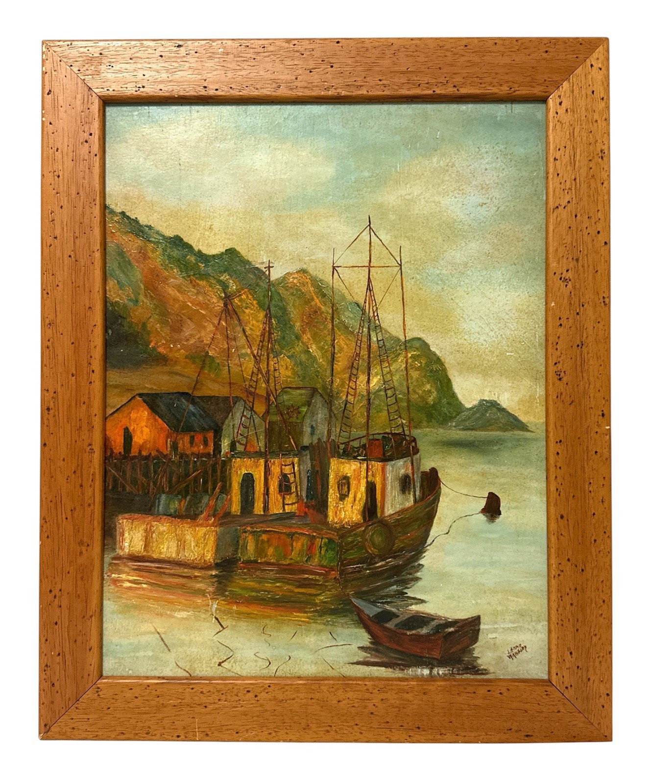 Vintage Harbor Fishing Boat Coastal Seascape Framed Painting Signed 19.5×23.5