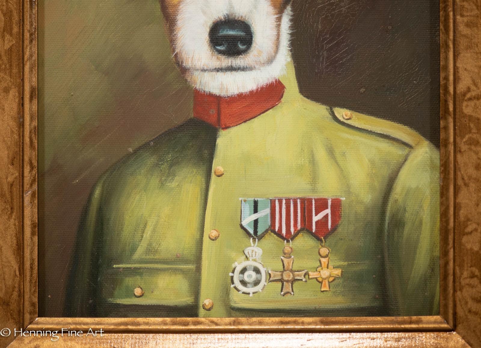 Vintage Dog Portrait Oil Painting Jack Russell Terrier in Military Uniform 15×13