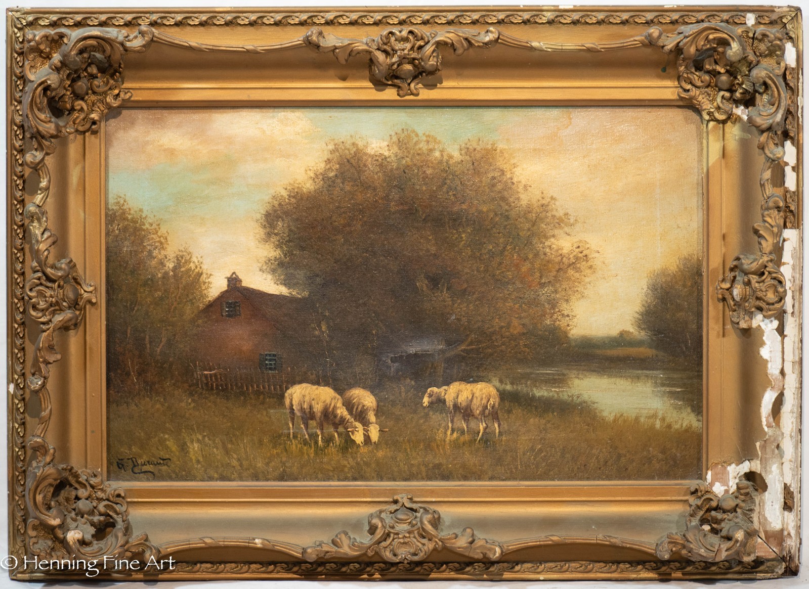 G. Durant Antique Oil Painting of Sheep in Traditional River Landscape 21×29″
