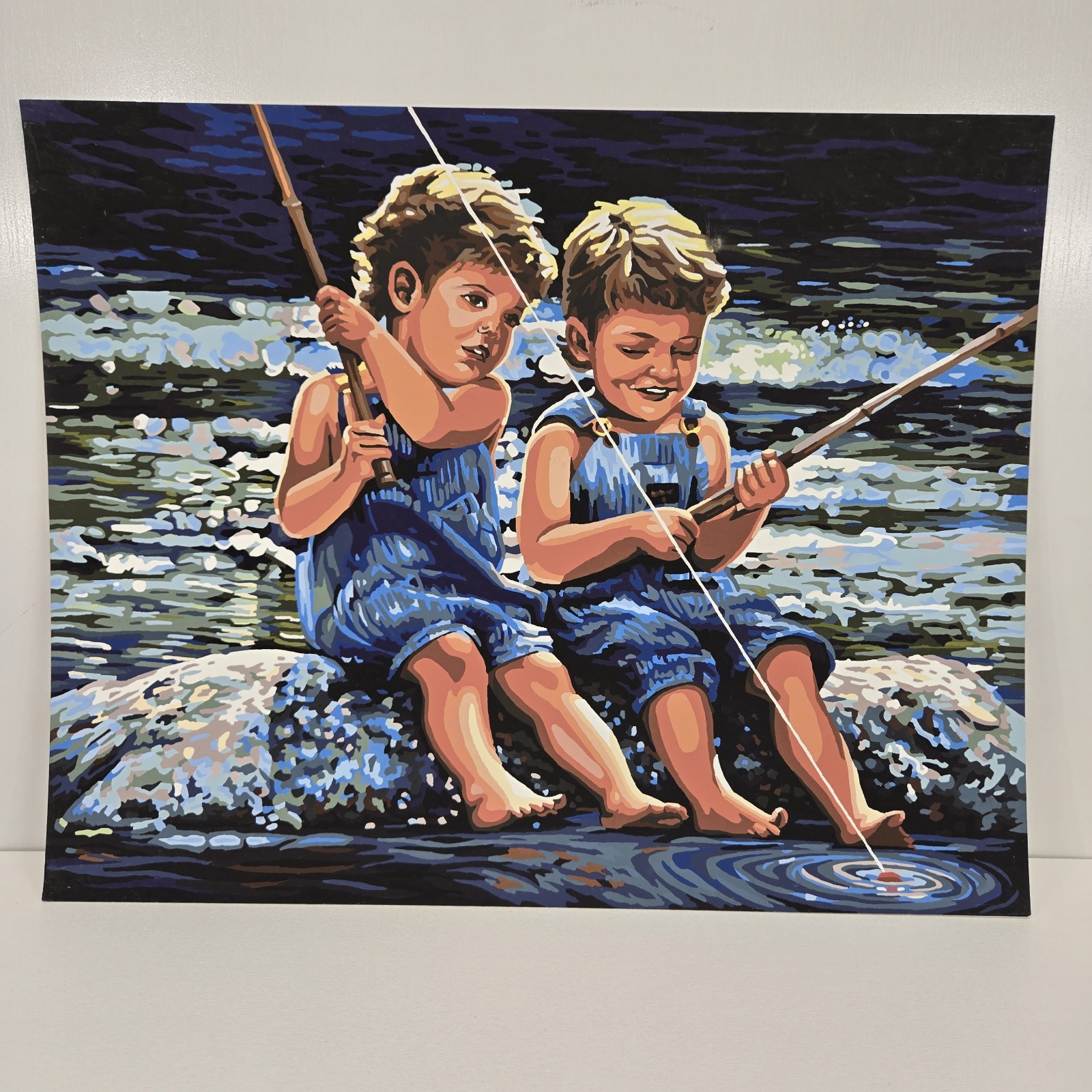 Boys Fishing Finished Acrylic Painting Paint By Number Lakeside Siblings 20×16