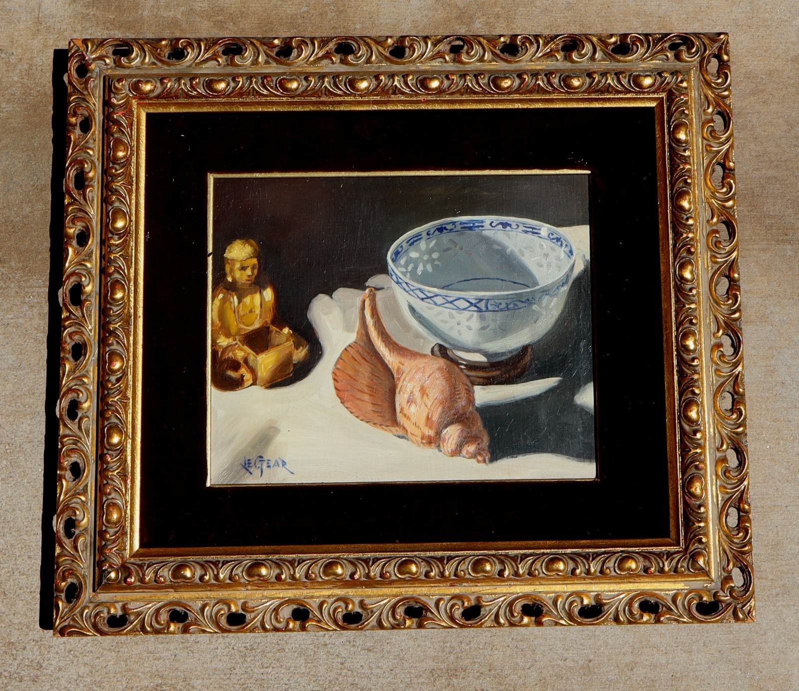 Daniel Legear Fine Gallery Mid Cent oil Still Life w/ Bowl, Seashell & Figurine