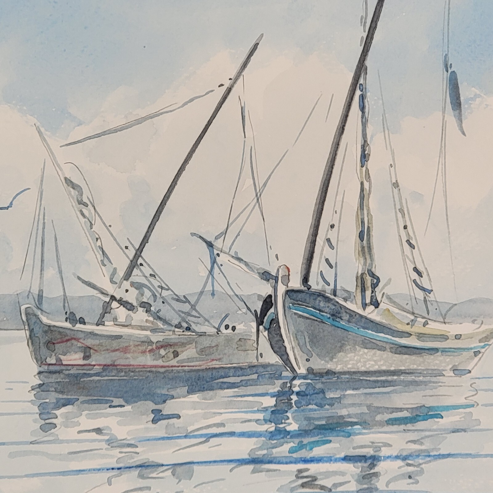 VTG Harbor Boat Seascape Painting Watercolor Attributed Ray Prosser Framed 11.5″