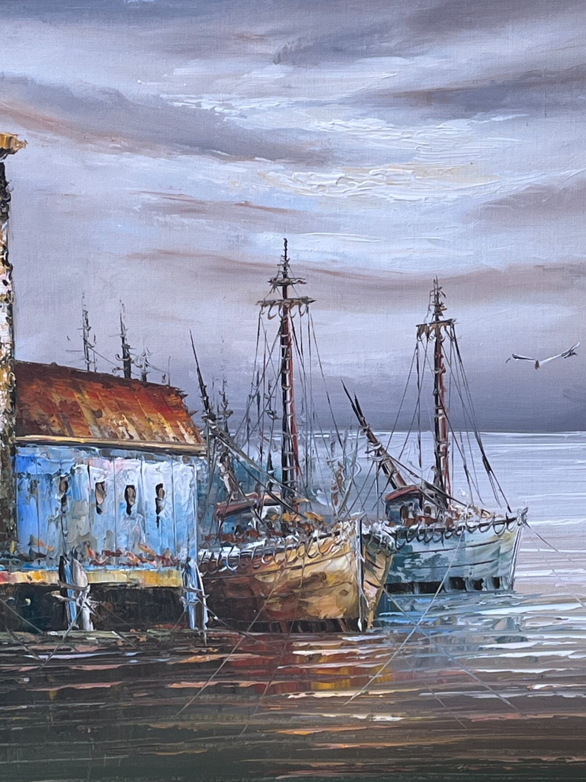 Vintage Crane “Moored Fishing Boats” Oil Painting – Signed