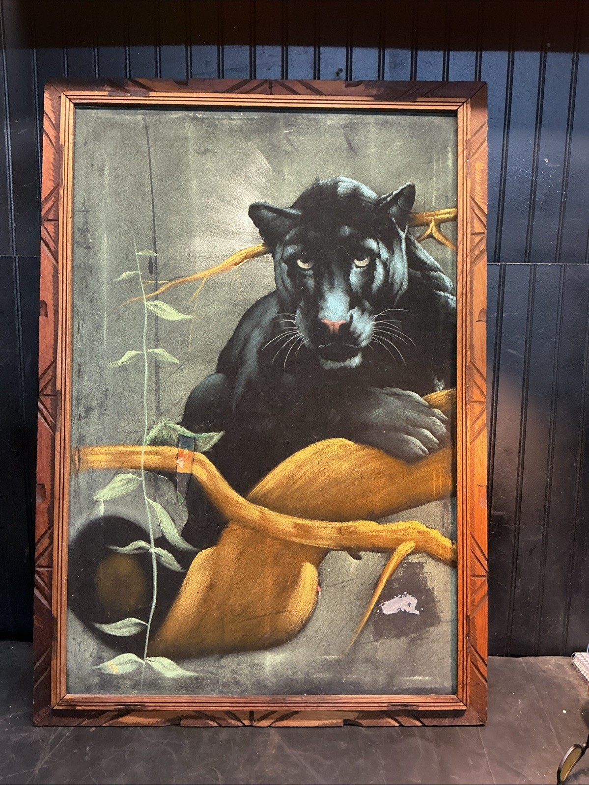 VINTAGE Lg BLACK VELVET Painting 27”x 39” BLACK PANTHER Made In MEXICO