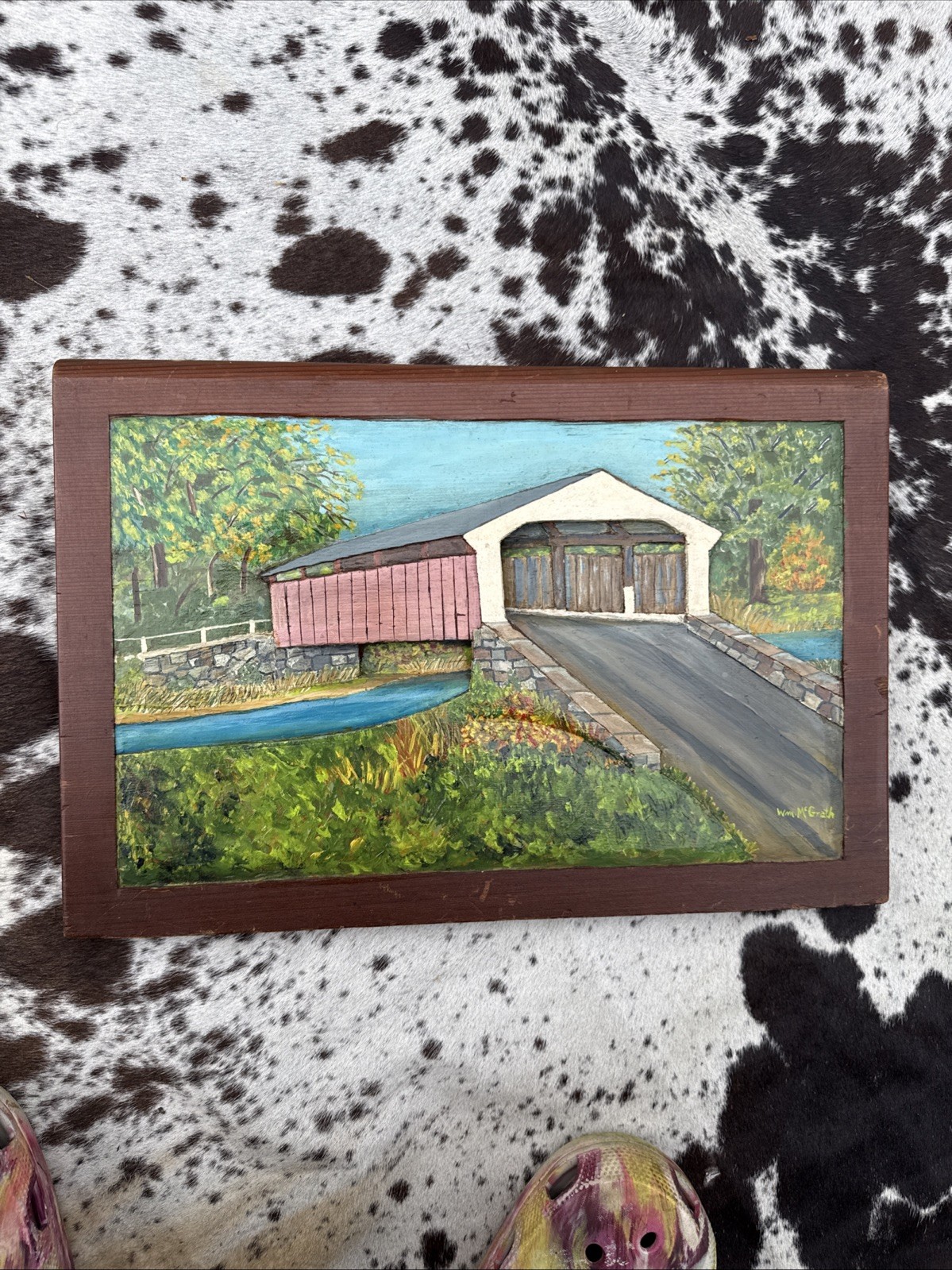 Vintage Wm. McGrath Signed Covered Bridge Folk Art Painting – 3D Relief on Wood