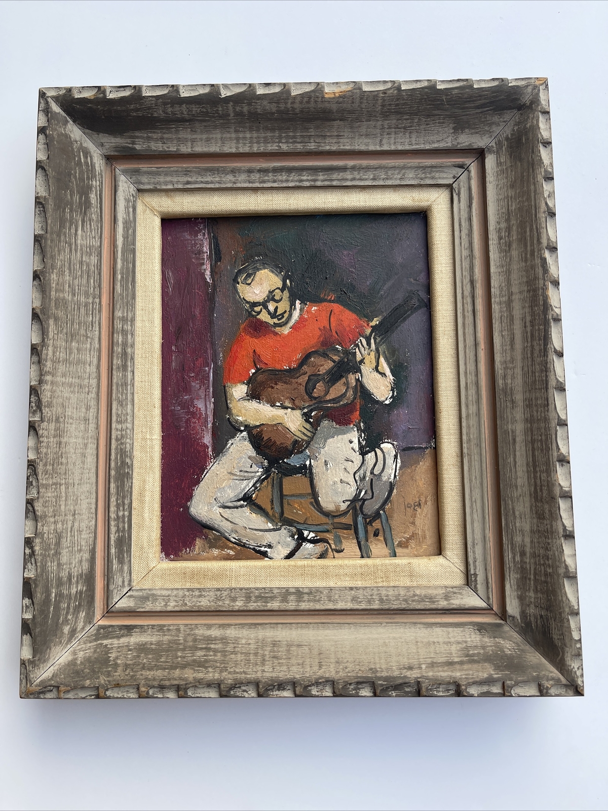 Mid Century Modern Painting Oil Guitarist Musician American Regionalism Signed
