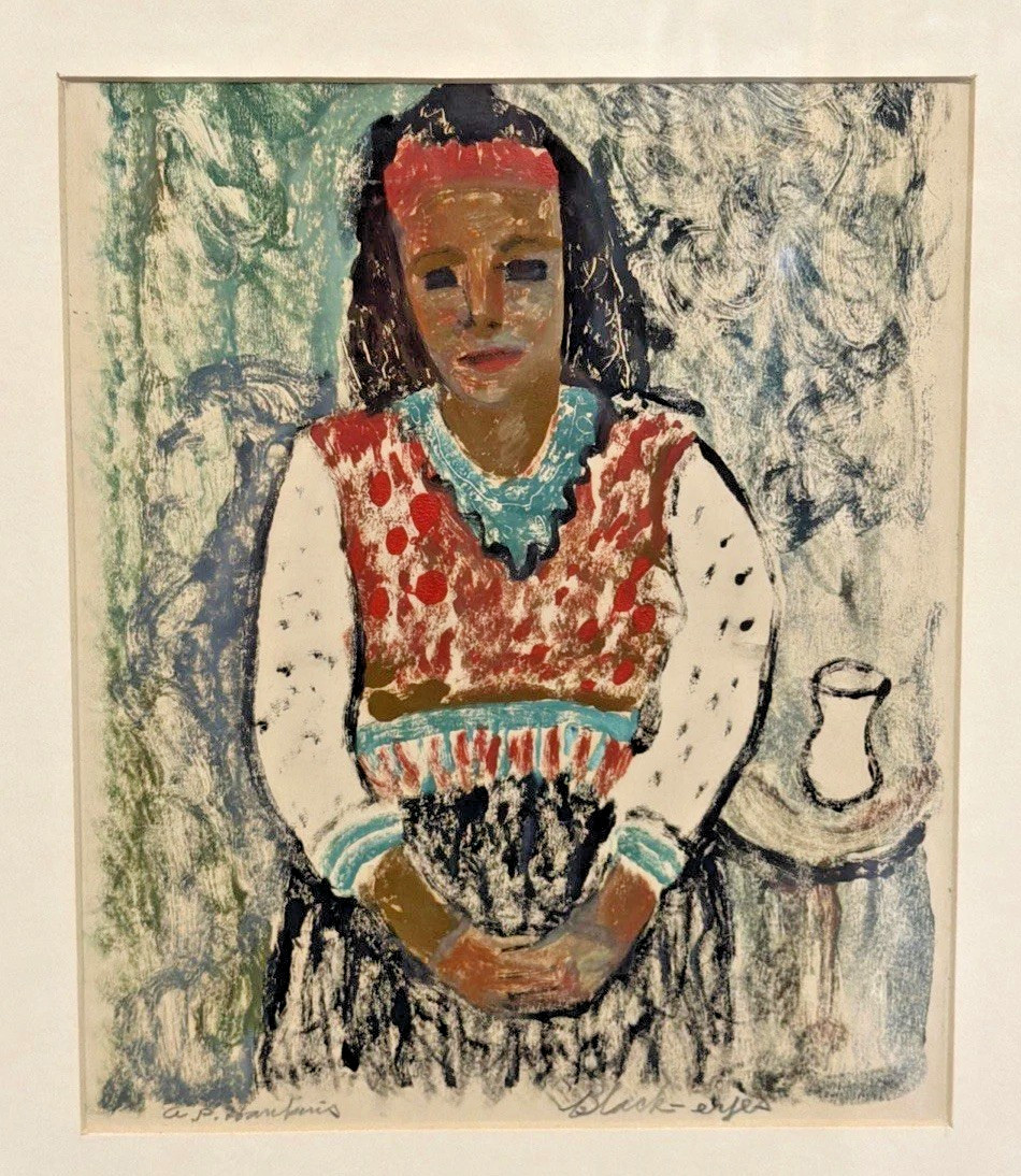 Signed A P Hankins Abraham P. Hankins Modernist Oil/Crayon Painting “Black Eyes”