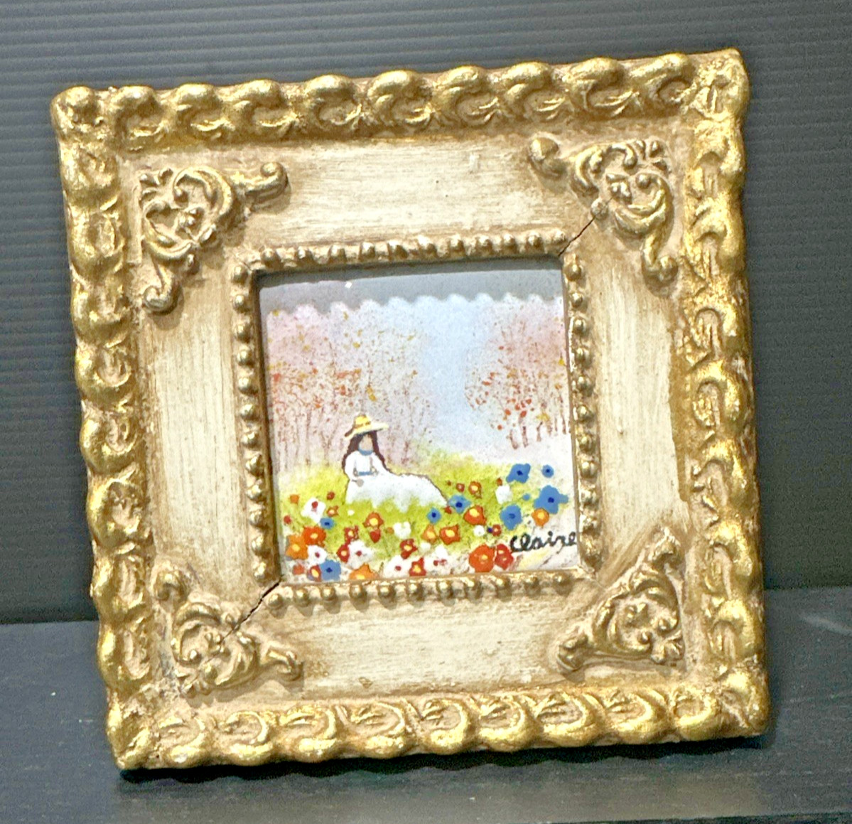 VTG Enamel On Copper Garden Scene Signed Claire Ornate Frame JMG 1974 ART