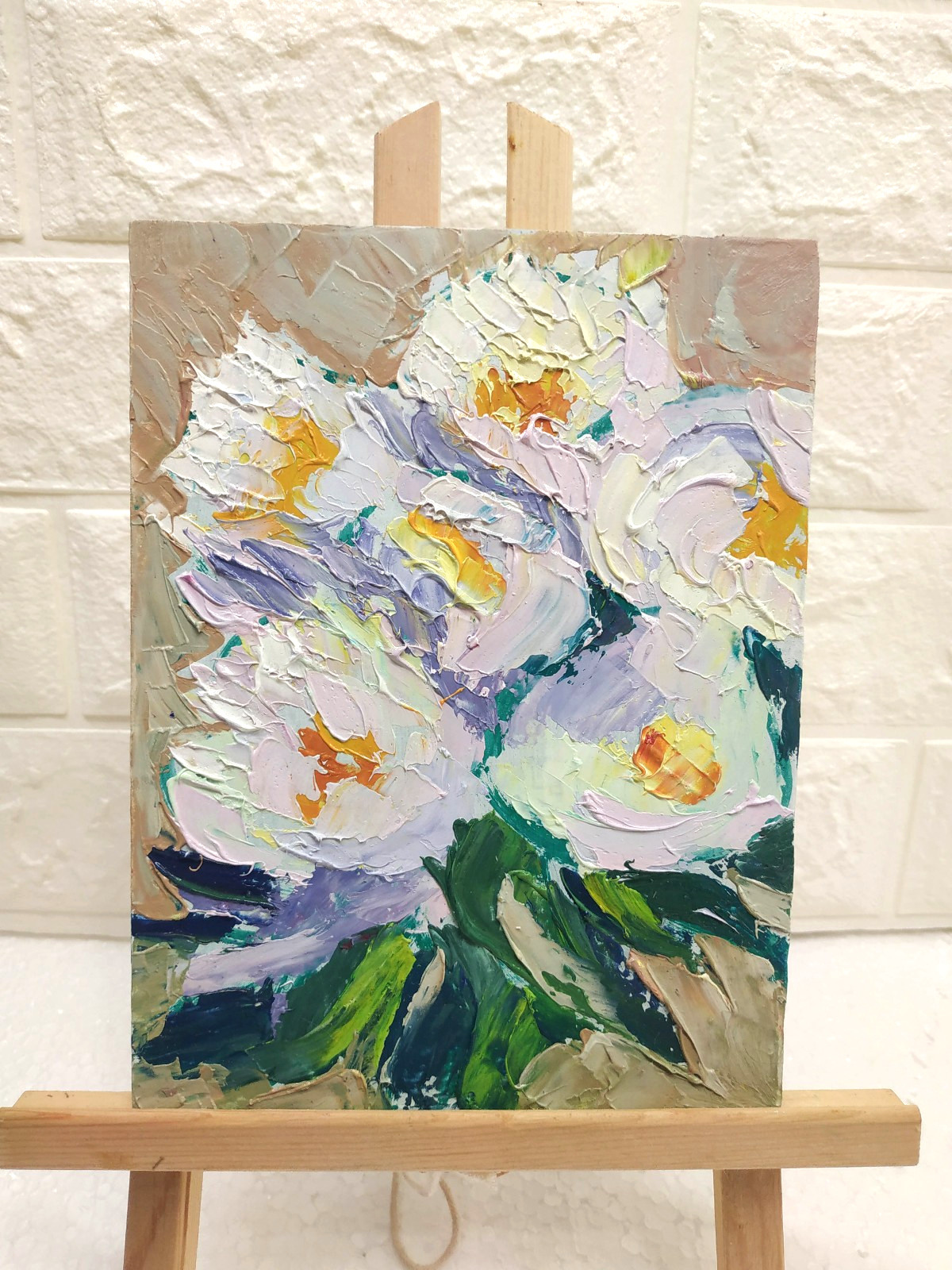 Original oil painting White Peony Bouquet Flower Artwork Floral art 5.5×7.5 in
