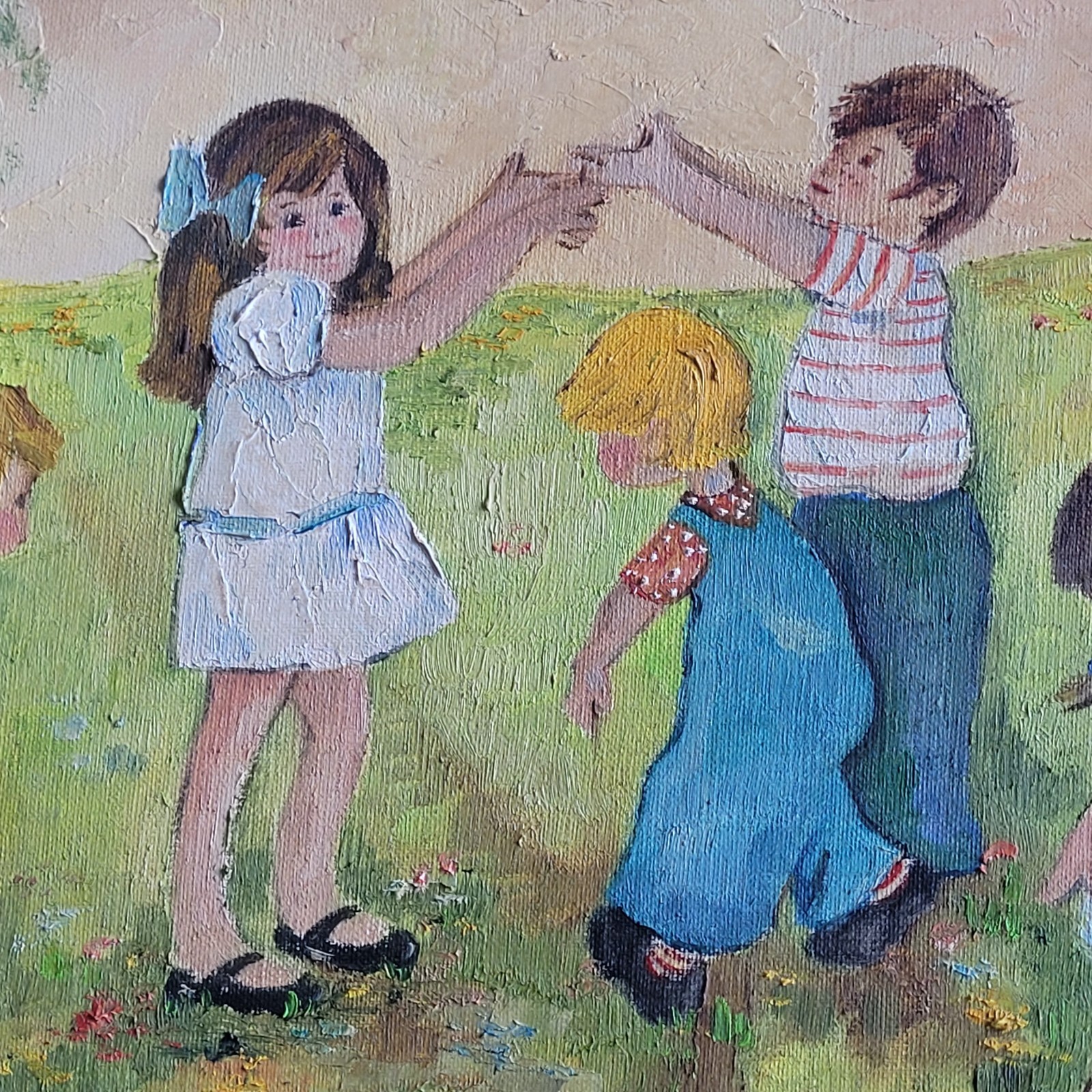 Vintage 1973 Children Playing Chicago Artist Helen Field 32″X19″ Framed
