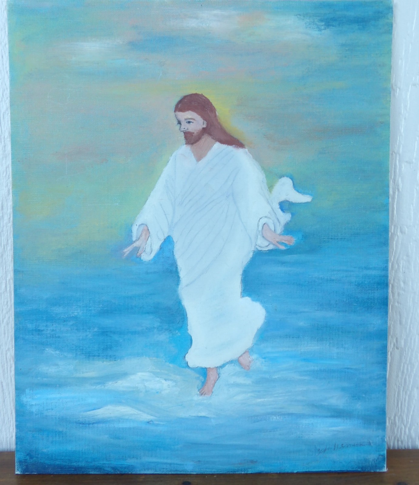 Jesus walking on water Original Acrylic Painting Canvas Board, 16″ x 20″ signed