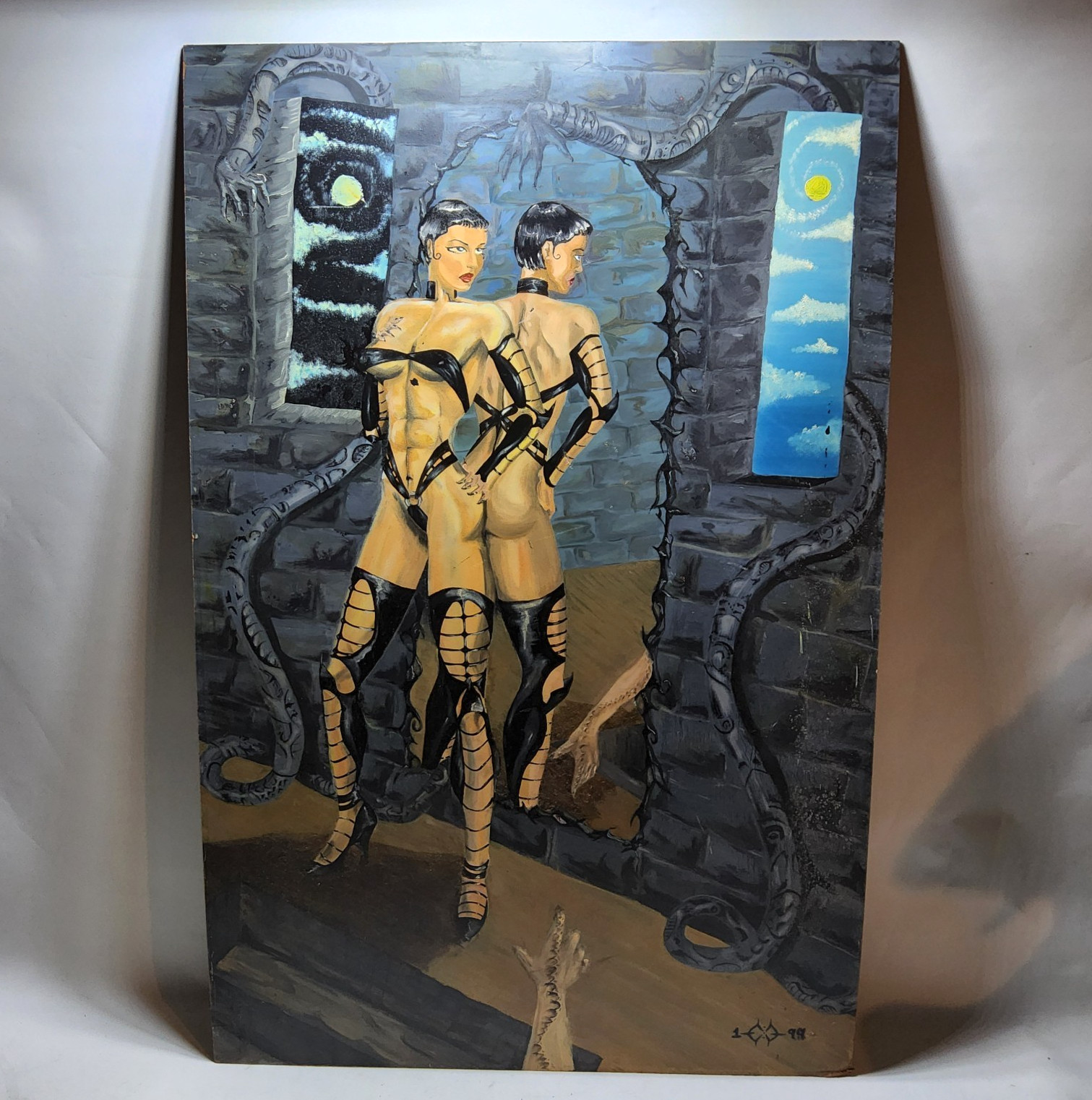2001 original oil painting fantasy pinup pixie cut art mirror goth 23×35 tall