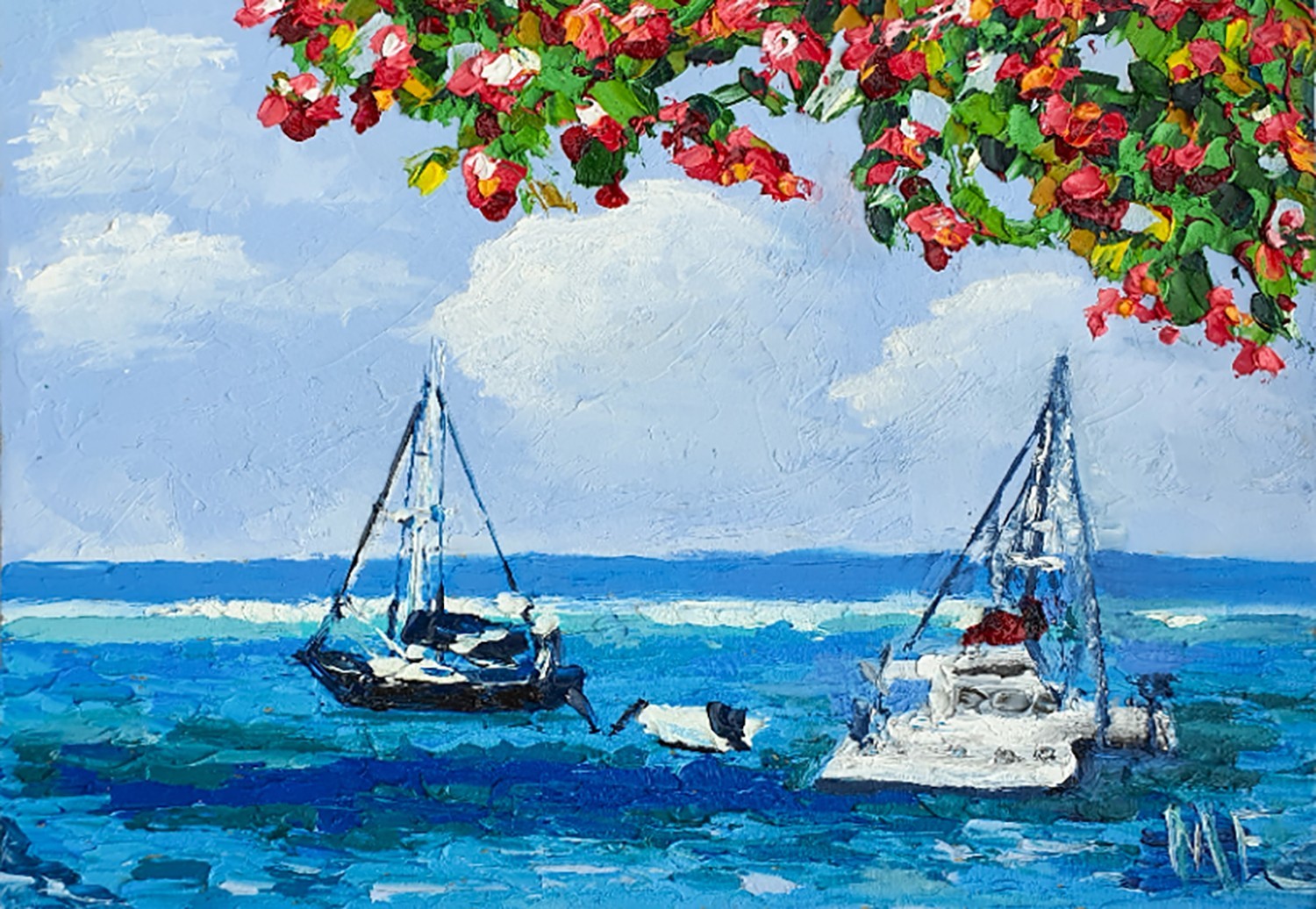 Sailboats Ocean Painting Tropical Seascape Blue Water Boats Original Acrylic Art