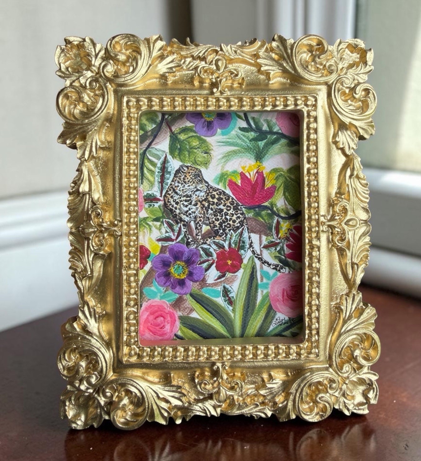 Leopard mini watercolor animal print of original painting • vintage ornate frame
