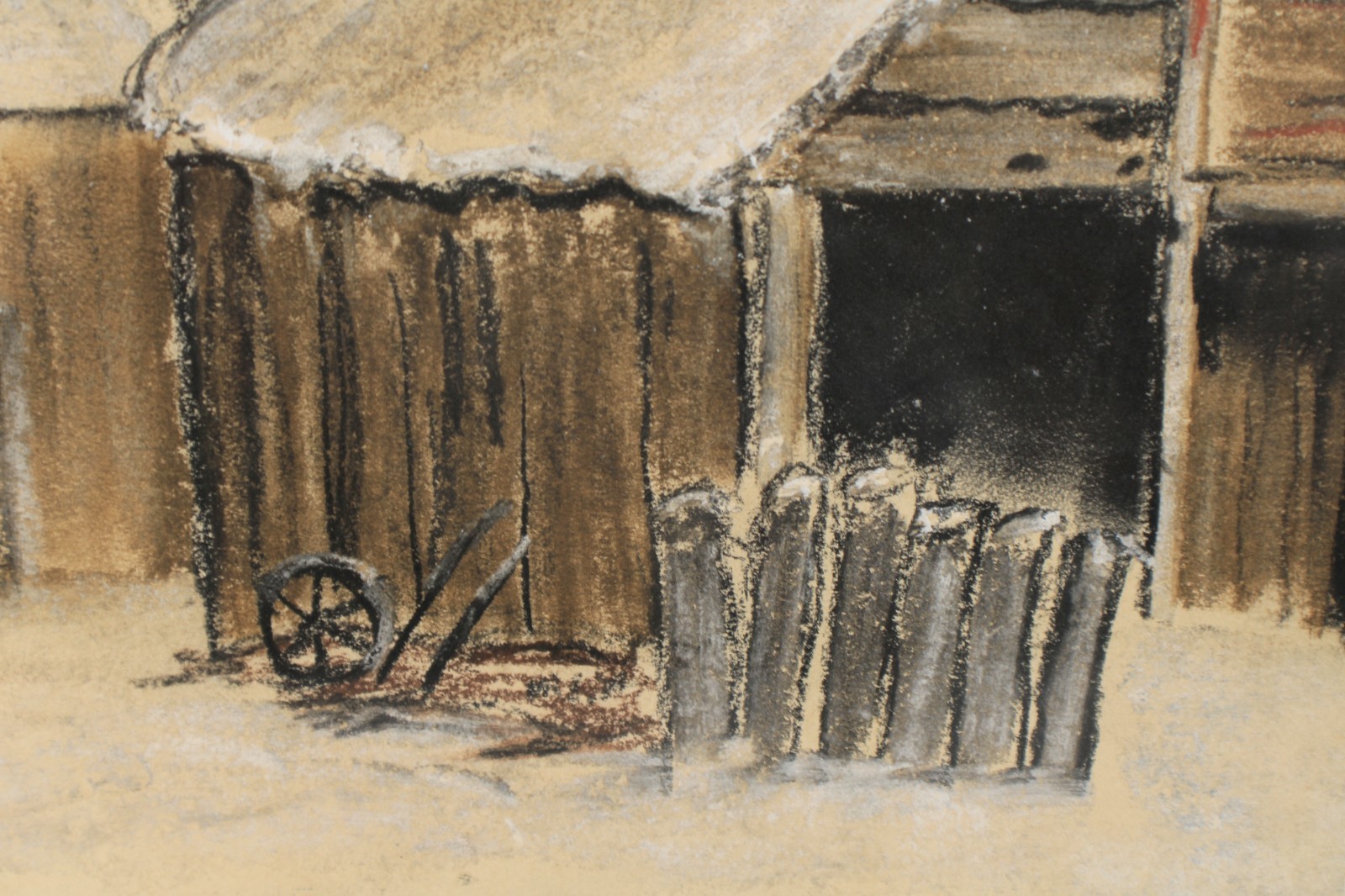 Vintage Rural Farmhouse In Winter Scene Pastel Painting Unsigned