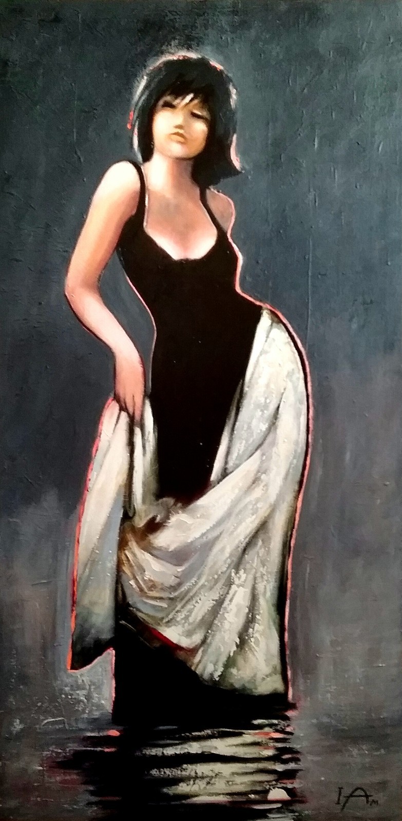 Model Woman Front Figurative Painting in Grey Tone Acrylic on Canvas 24″x48″