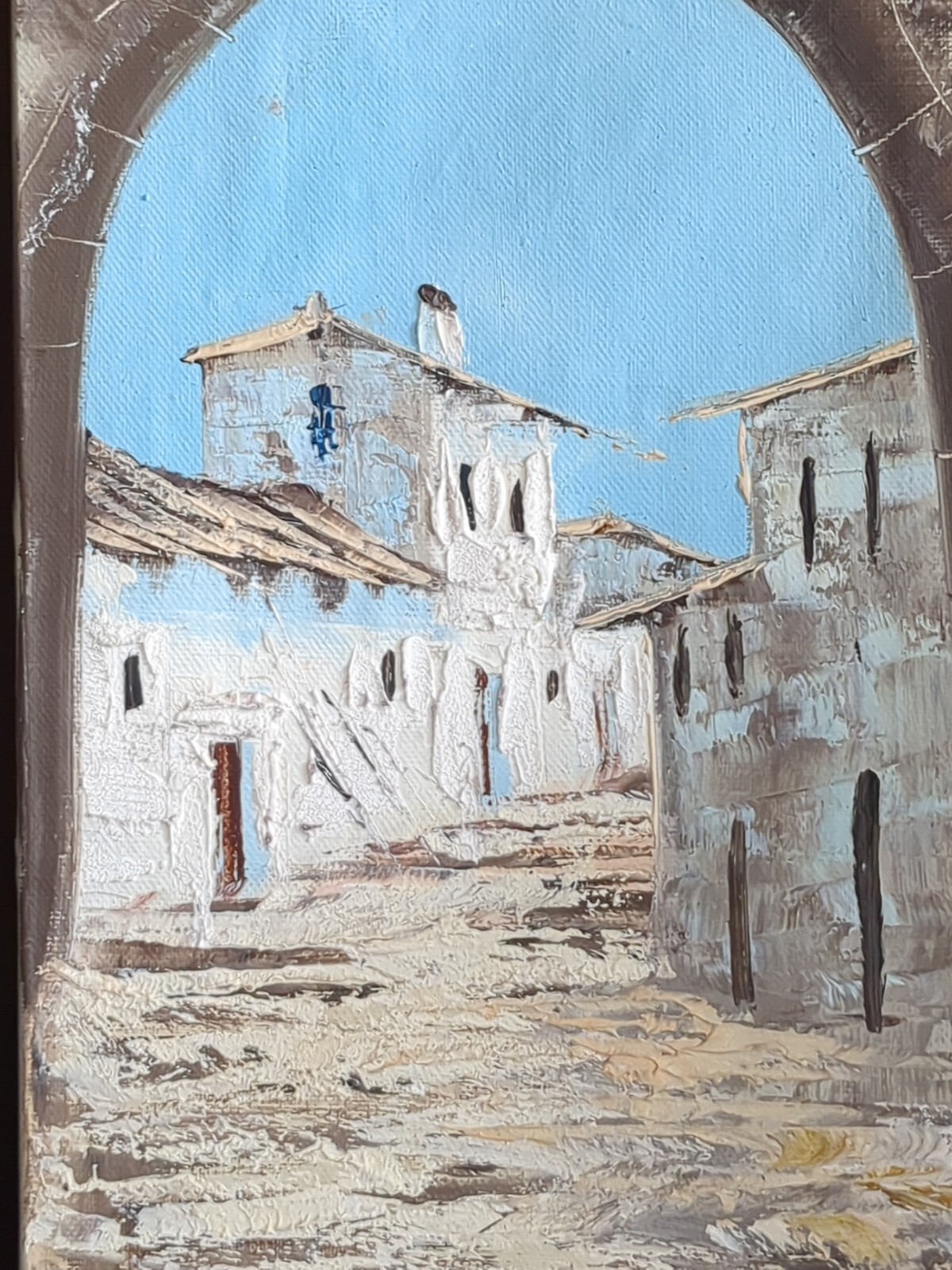 Vintage 1970th Signed Loren Original oil painting Spain Cityscape 13×8 in