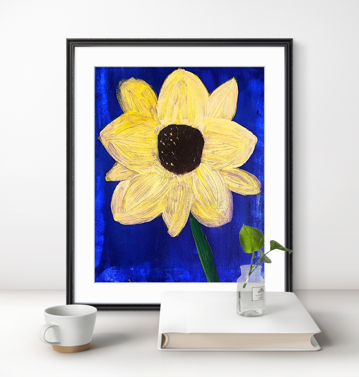 Yellow Flower Cobalt Backdrop Modern Expressionist Original Abstract Canvas
