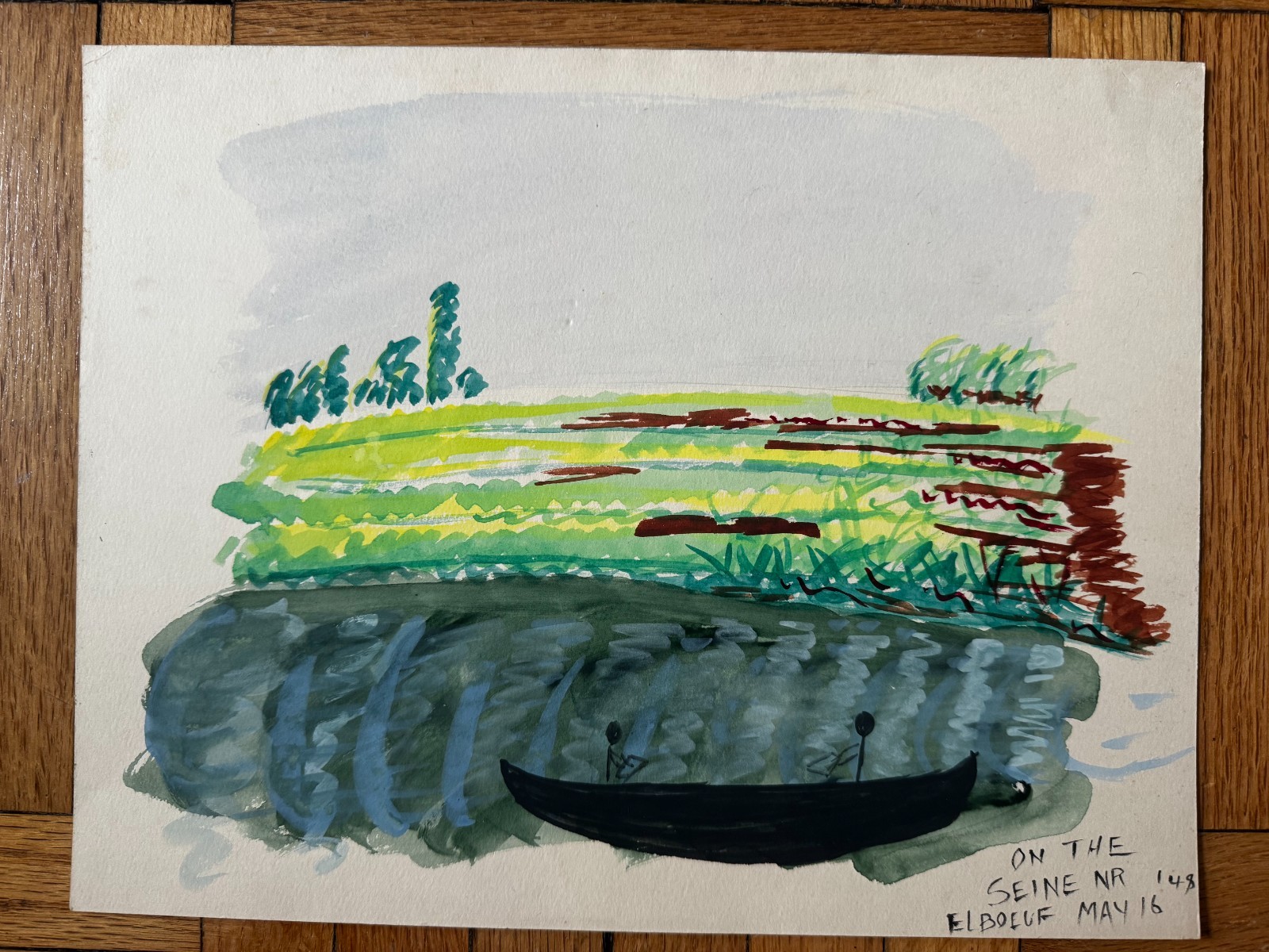 French 1940s Original Watercolor Gouache Painting Landscape Dated OOAK 9 x 12