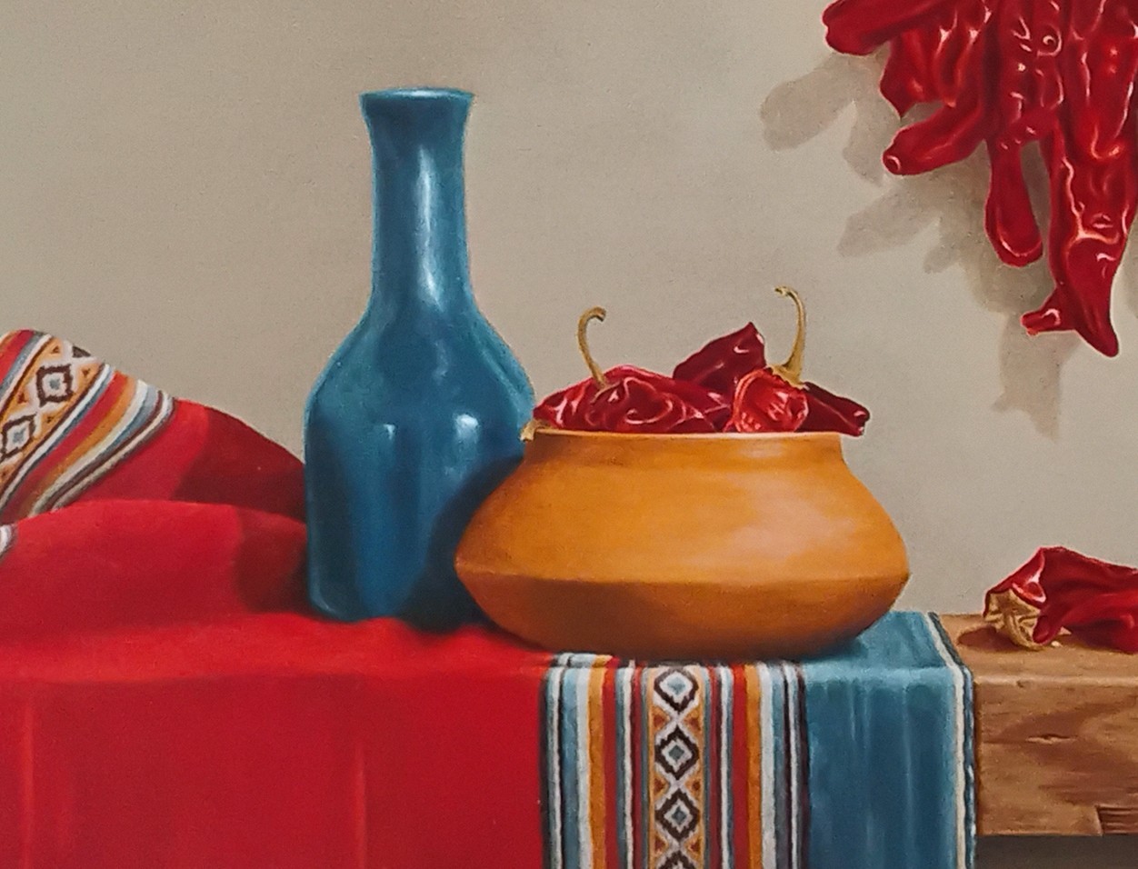 Original Southwestern Oil Painting on Canvas-Red & Blue-Chili Peppers-Handmade