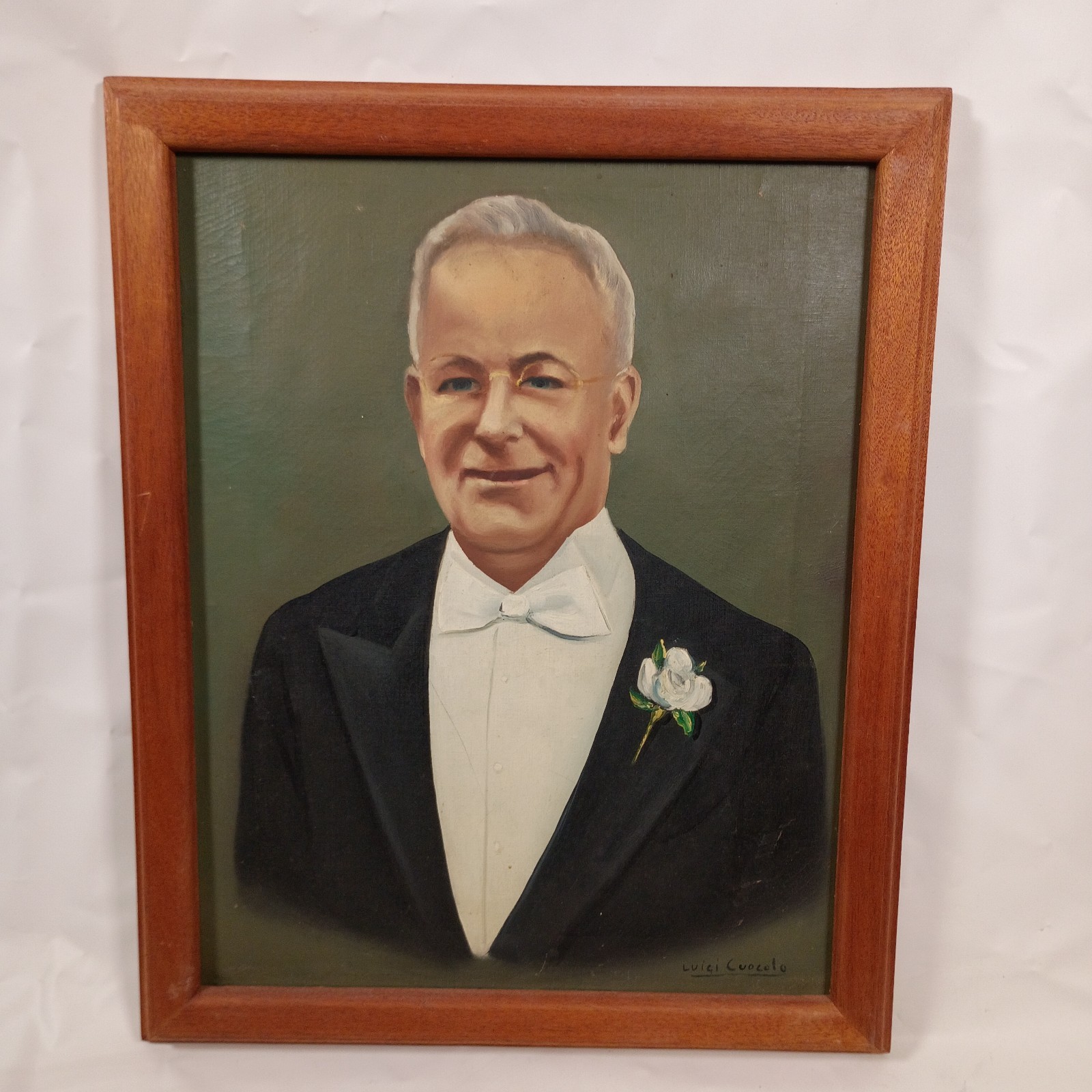 Vintage Luigi Cuocolo Signed Portrait – Mid-Century Tuxedo Man Oil Painting