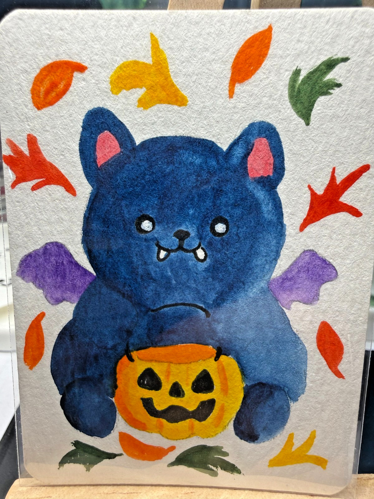 ACEO Original OOAK Signed (Not a Print) “Treat Bat” Halloween Candy Bucket art