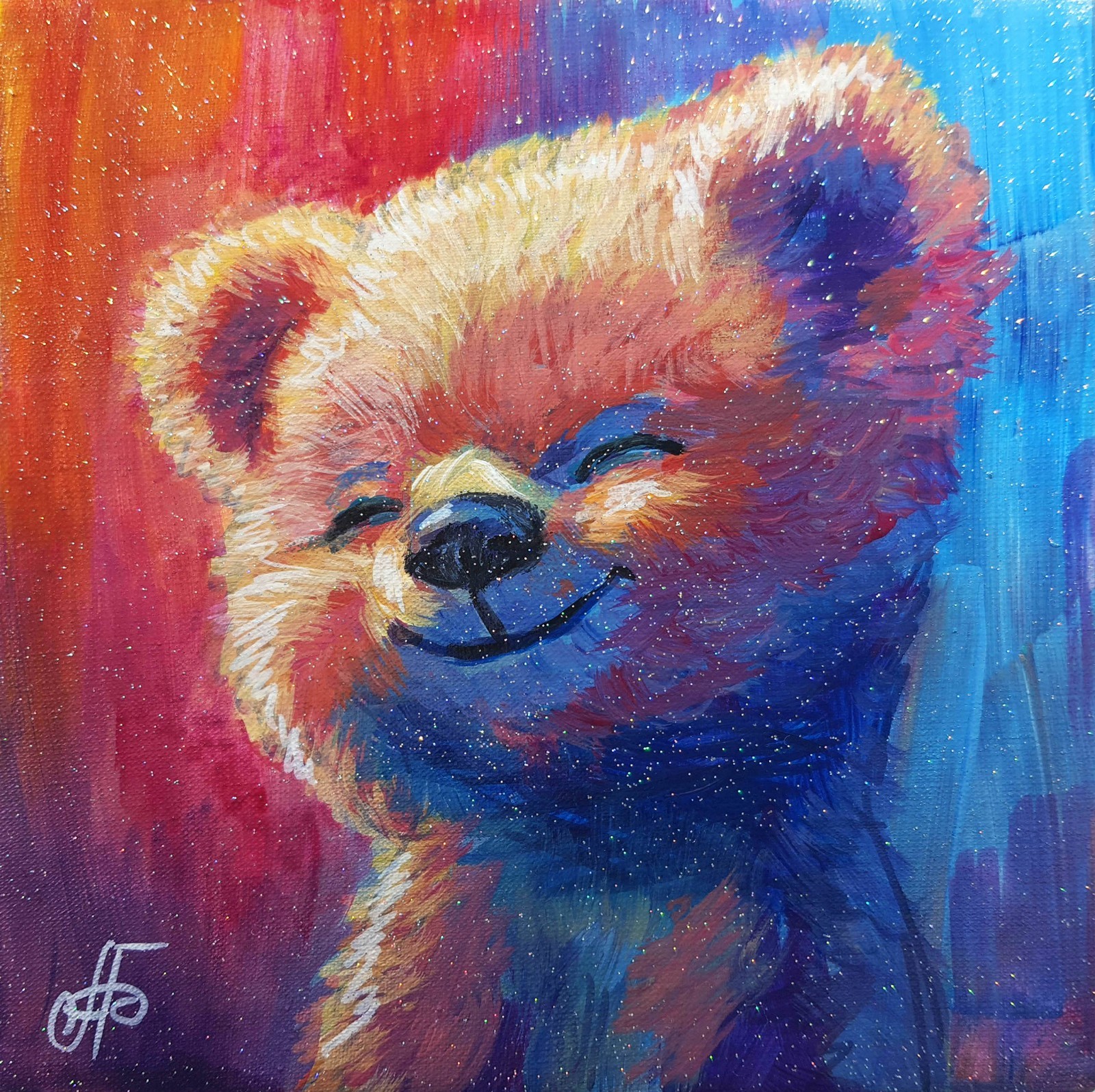 Original Acrylic Painting Colorful Happy Bear Cub Portrait Small Hand Painted