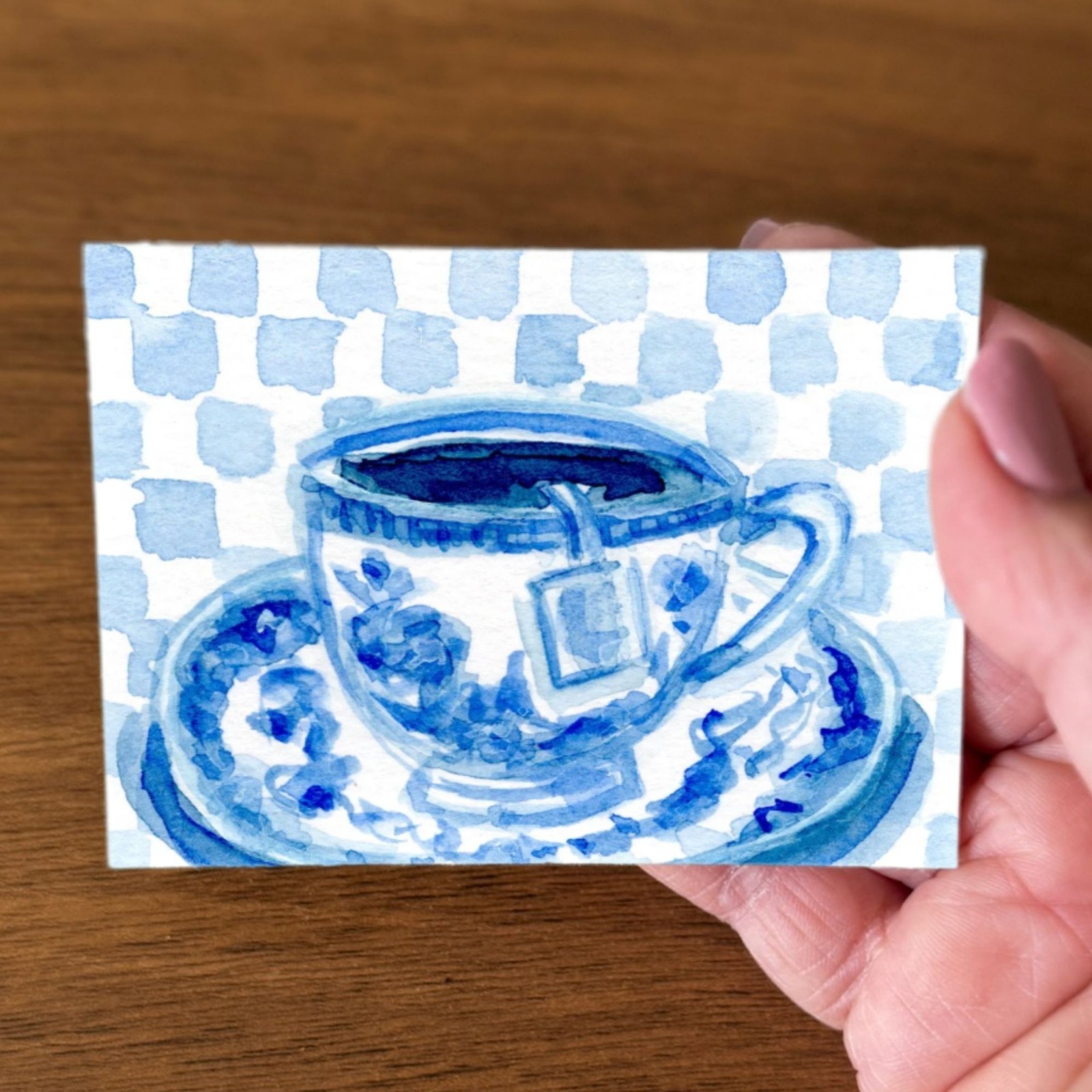 ACEO PRINT Blue Willow Teacup Watercolor Art Archival Signed Tanya Watson