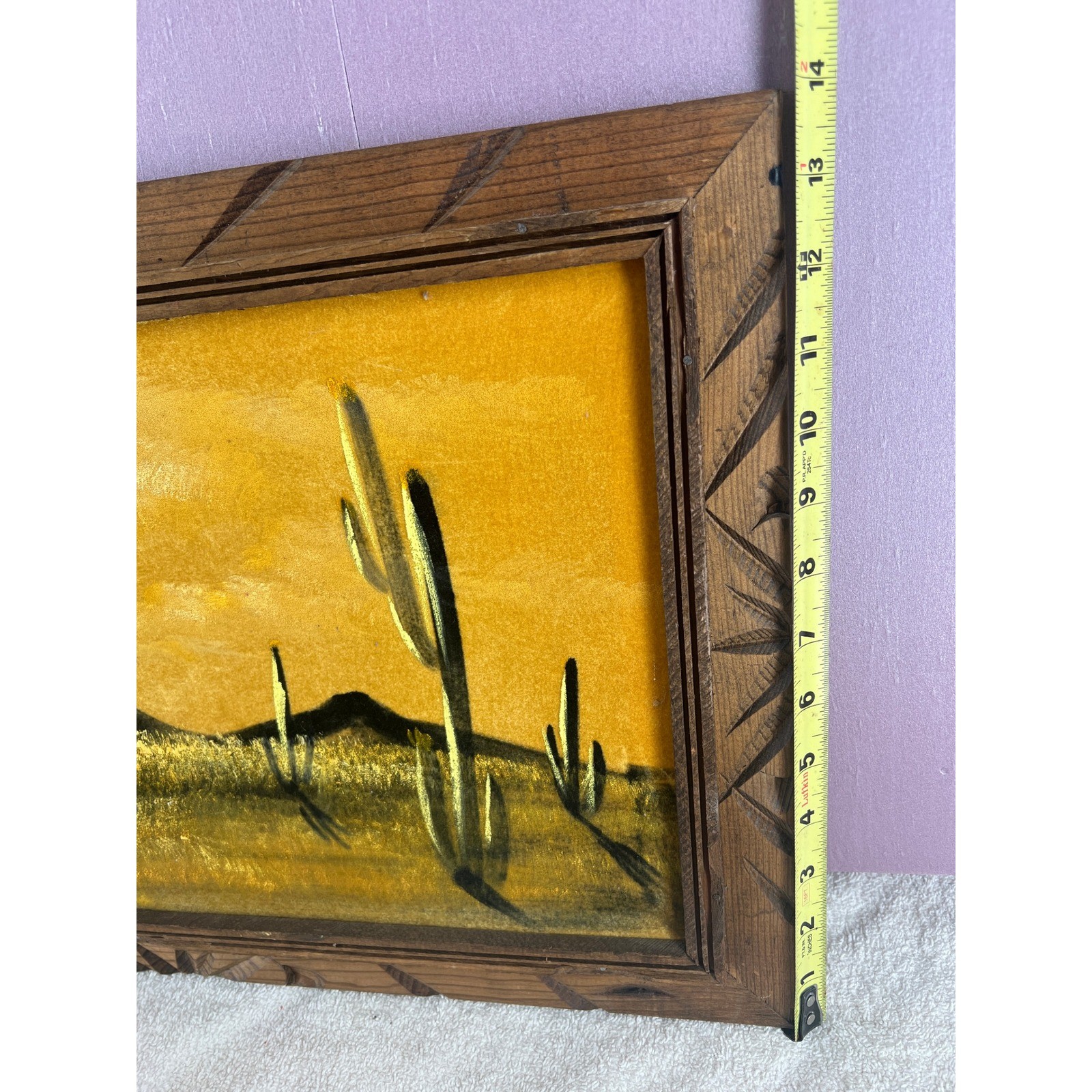 Vintage Black Velvet Desert Painting Saguaro Cactus Mountain Carved Wood Frame