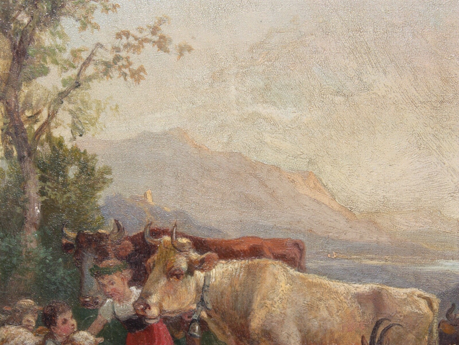 Children with Cows & Sheep in an Idyllic Mountain Landscape, Painting, 19th century