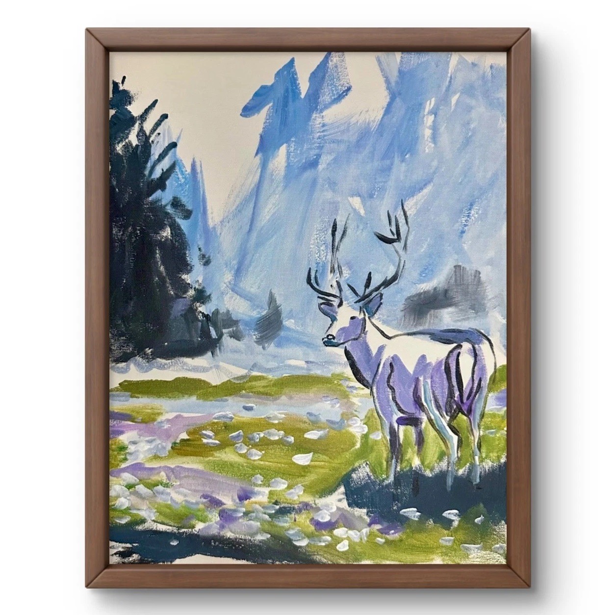 Blue Mountain Deer Acrylic Painting Original Wildlife Landscape Art 11×14 Origin