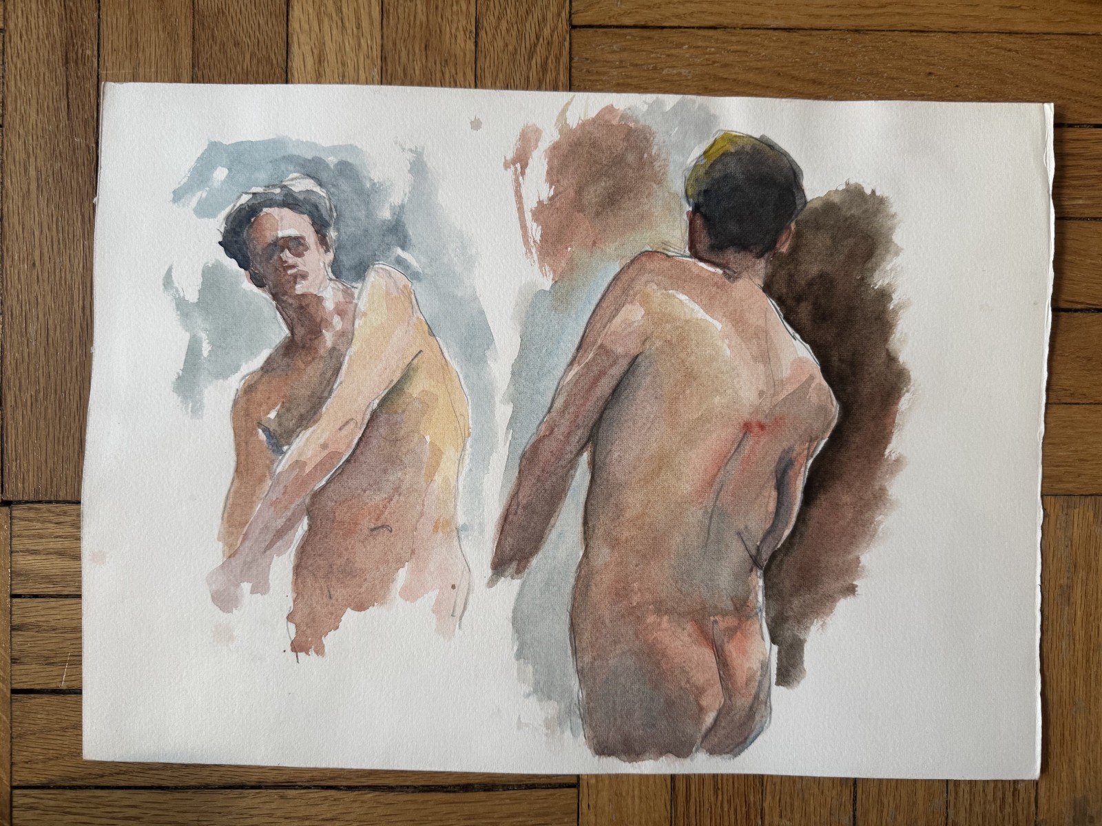 Vintage Watercolor Study Painting Portrait Two Men Peter Feldman 15 x 11 Gay Int